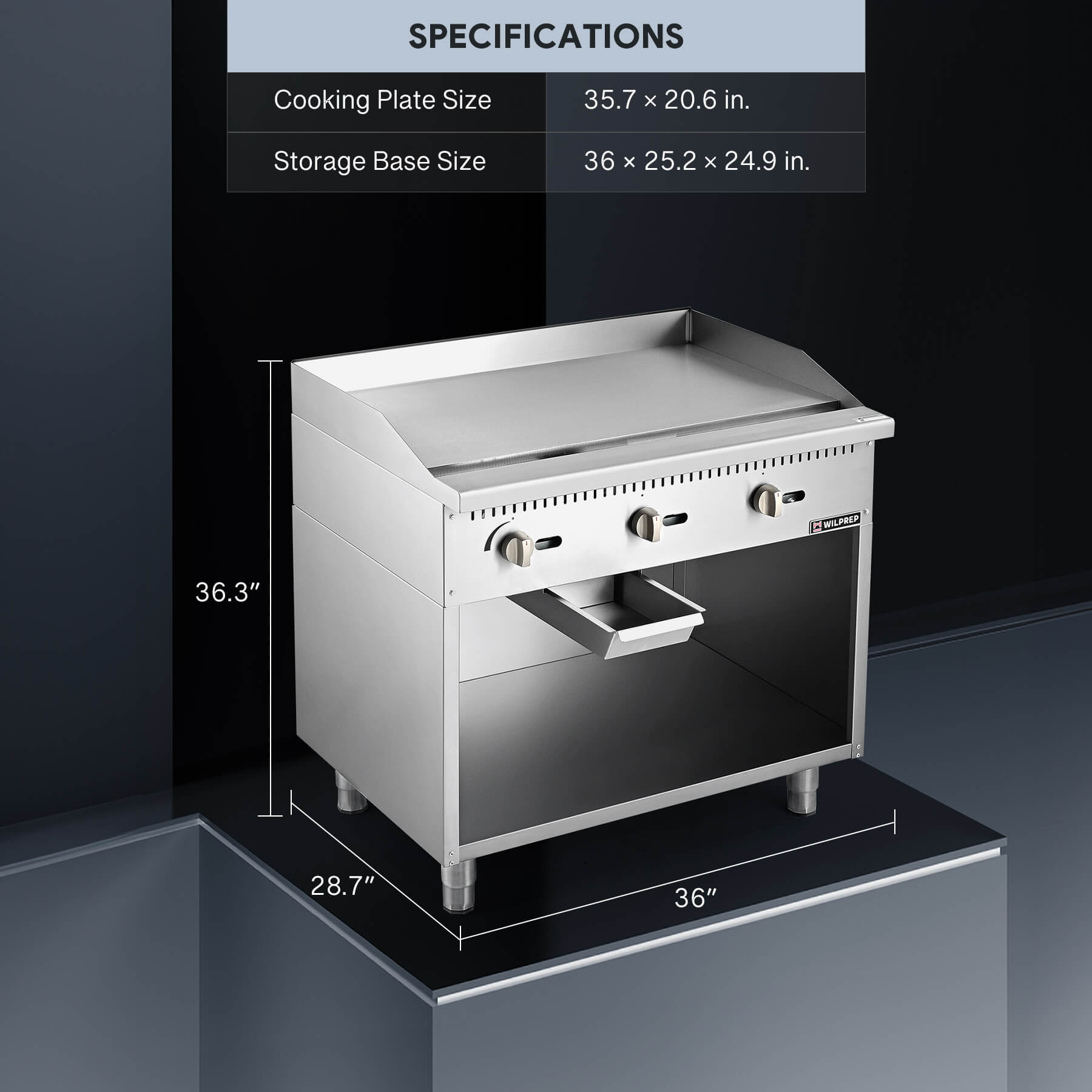 A 36 inch commercial gas griddle with cabinet base, featuring multiple knobs for control and a stainless steel finish.