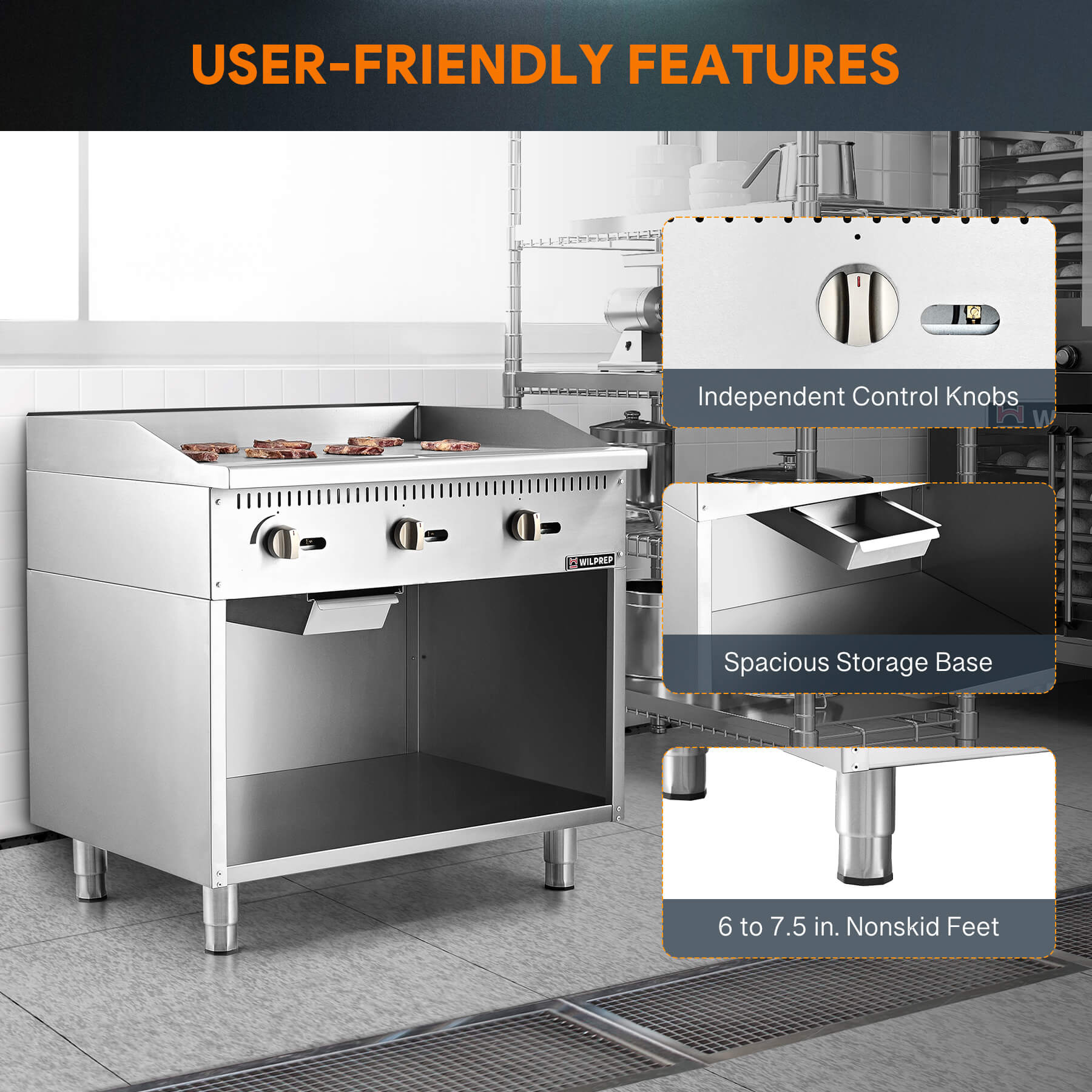 A 36 inch commercial gas griddle with cabinet base, featuring multiple knobs for control and a stainless steel finish.