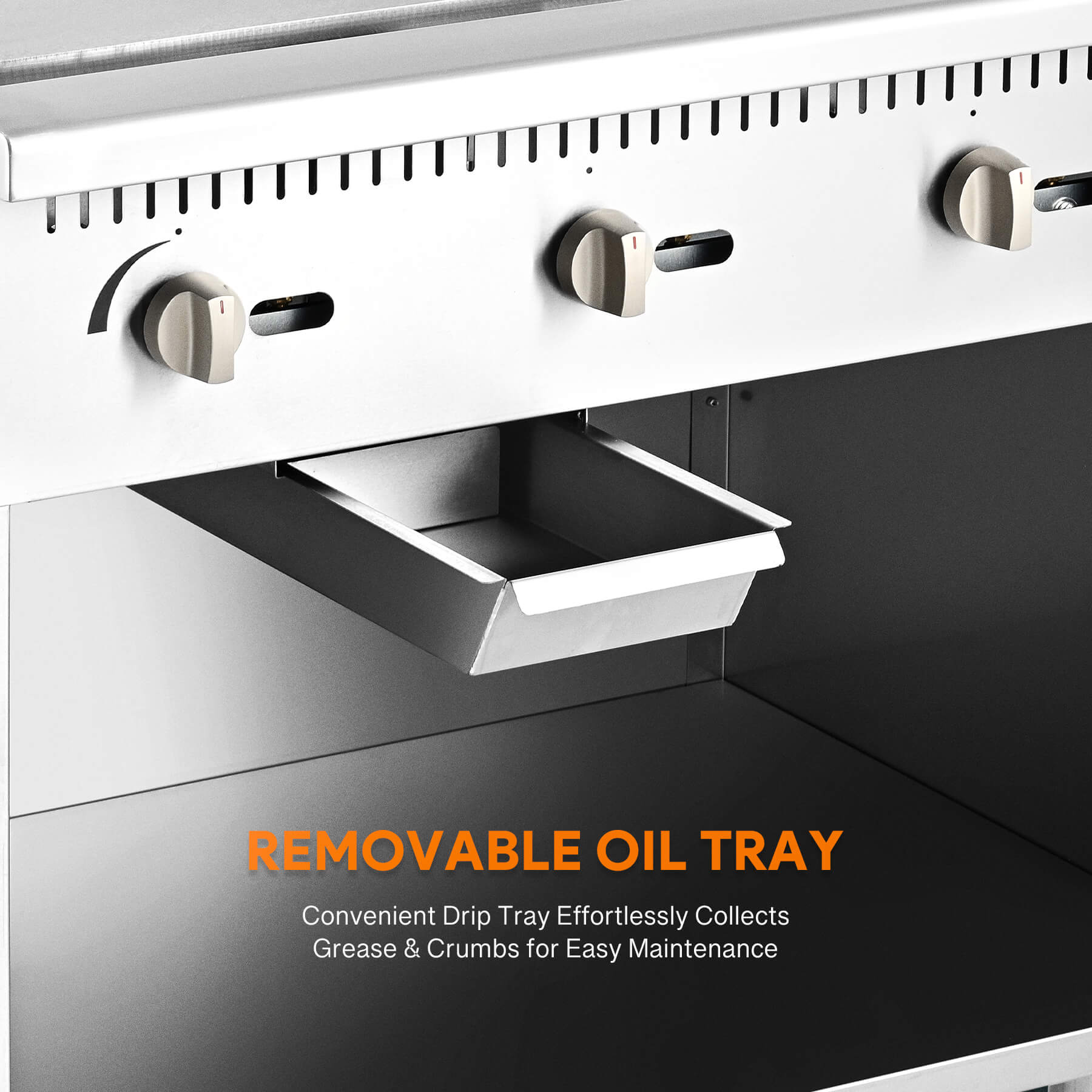 A 36 inch commercial gas griddle with cabinet base, featuring multiple knobs for control and a stainless steel finish.