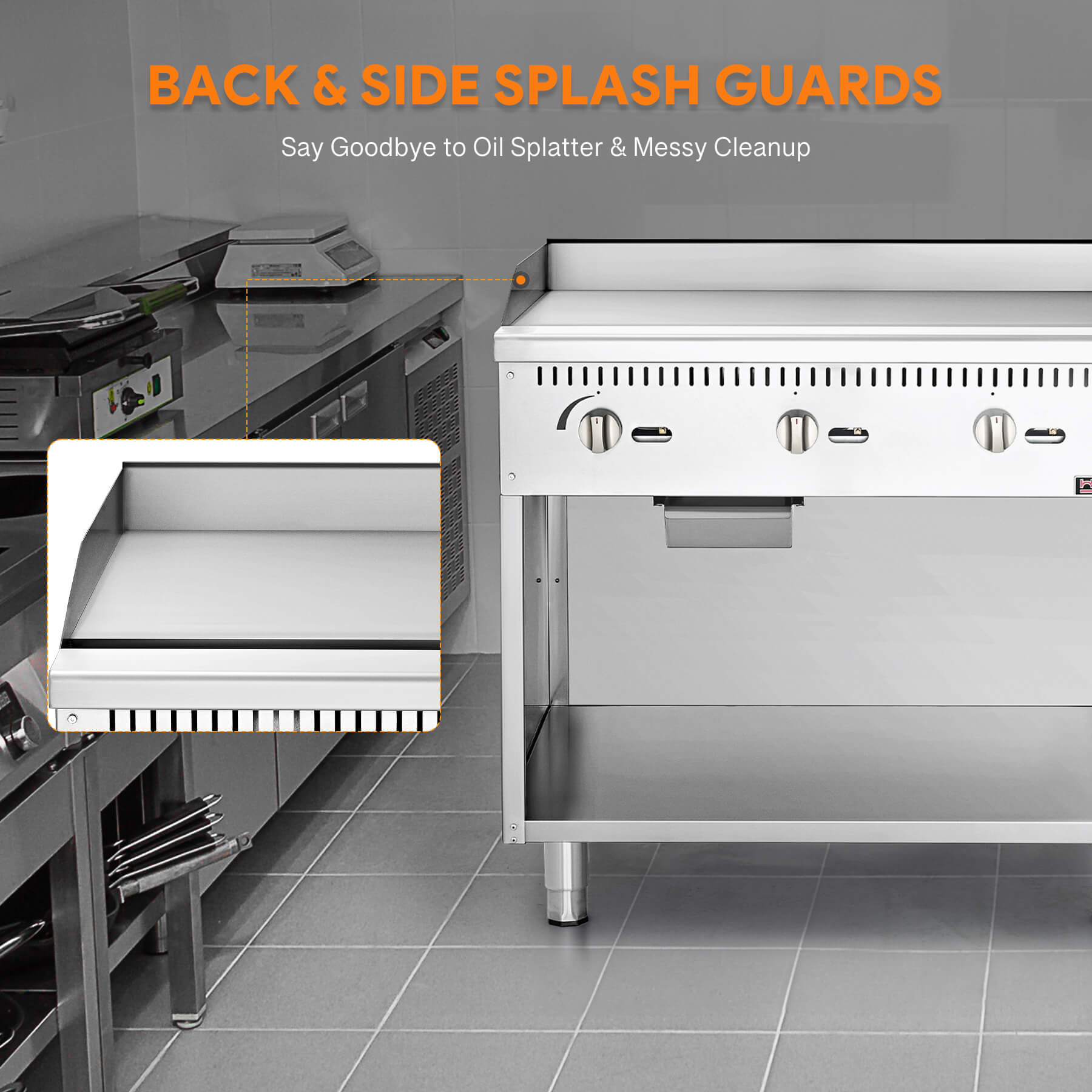 A 36 inch commercial gas griddle with cabinet base, featuring multiple knobs for control and a stainless steel finish.