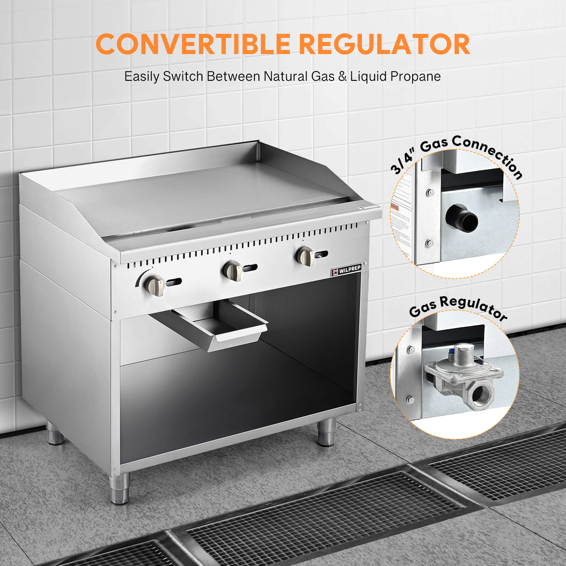 A 36 inch commercial gas griddle with cabinet base, featuring multiple knobs for control and a stainless steel finish.