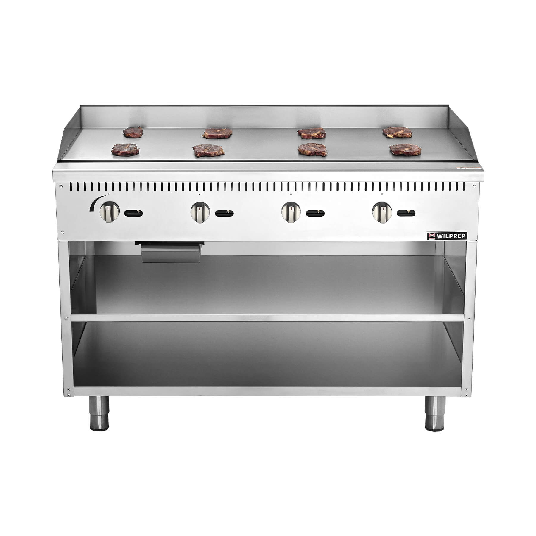 A 48-inch commercial gas griddle with a stainless steel finish and a cabinet base that includes storage shelves.