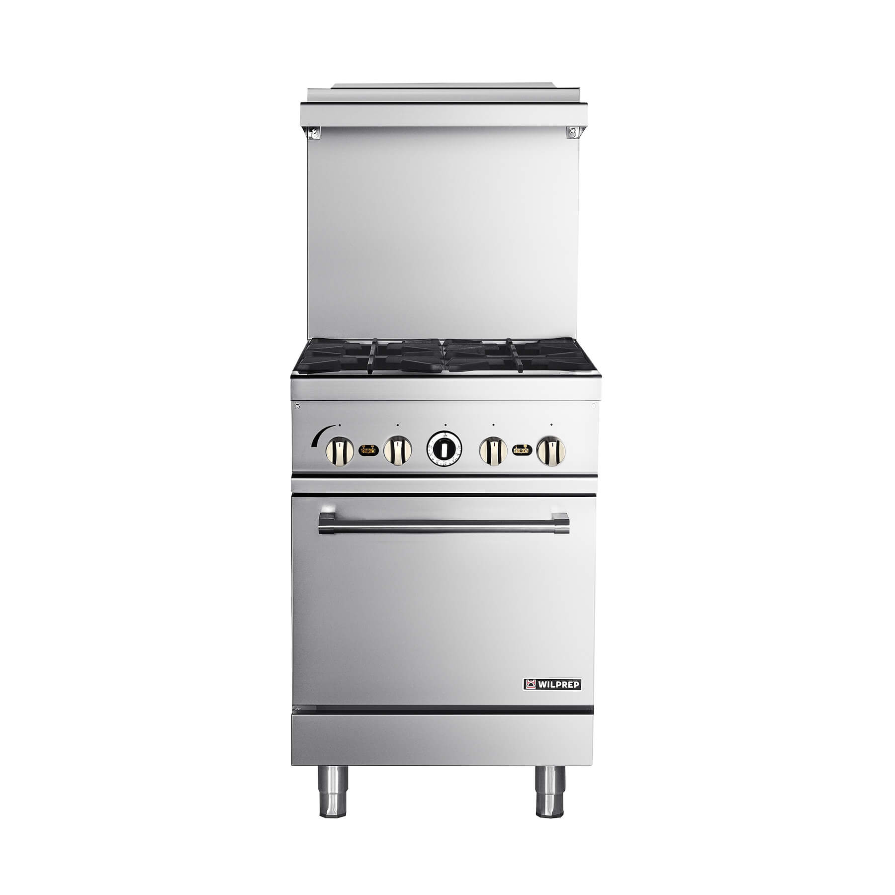 A silver-colored natural gas range with 4 burners and a single oven, with a stainless steel finish.