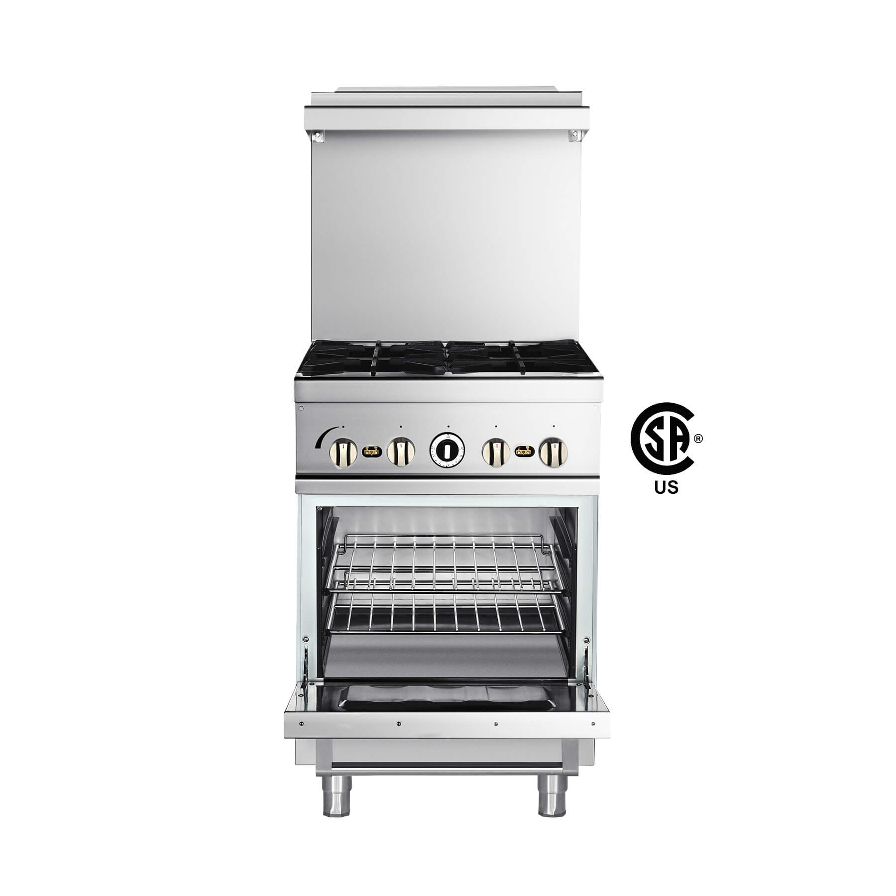 A silver-colored natural gas range with 4 burners and a single oven, with a stainless steel finish.