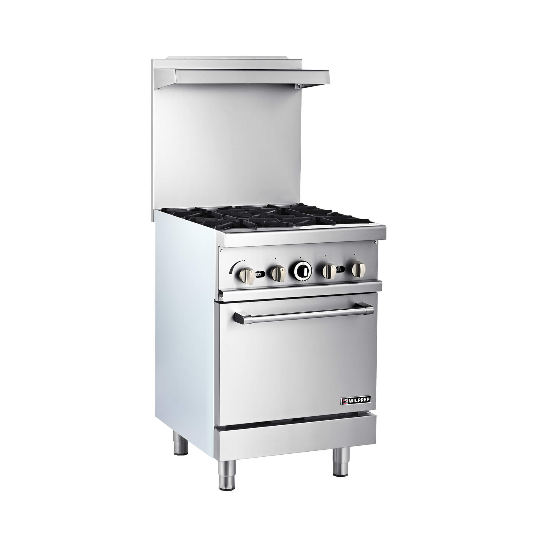 A silver-colored natural gas range with 4 burners and a single oven, with a stainless steel finish.