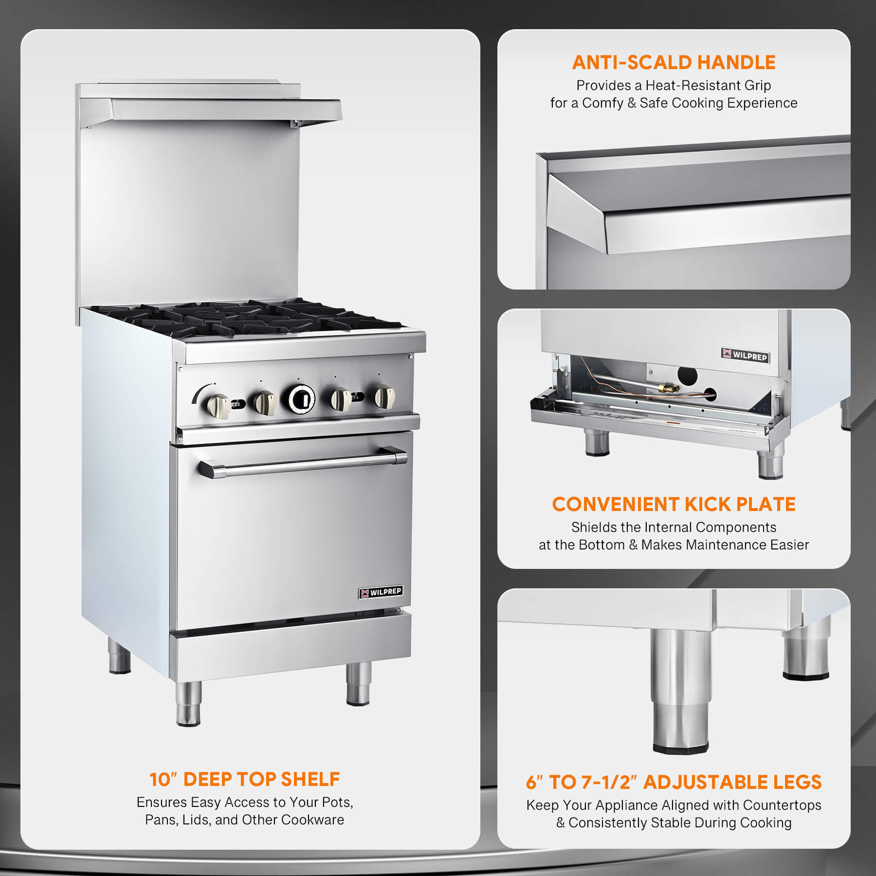 A silver-colored natural gas range with 4 burners and a single oven, with a stainless steel finish.