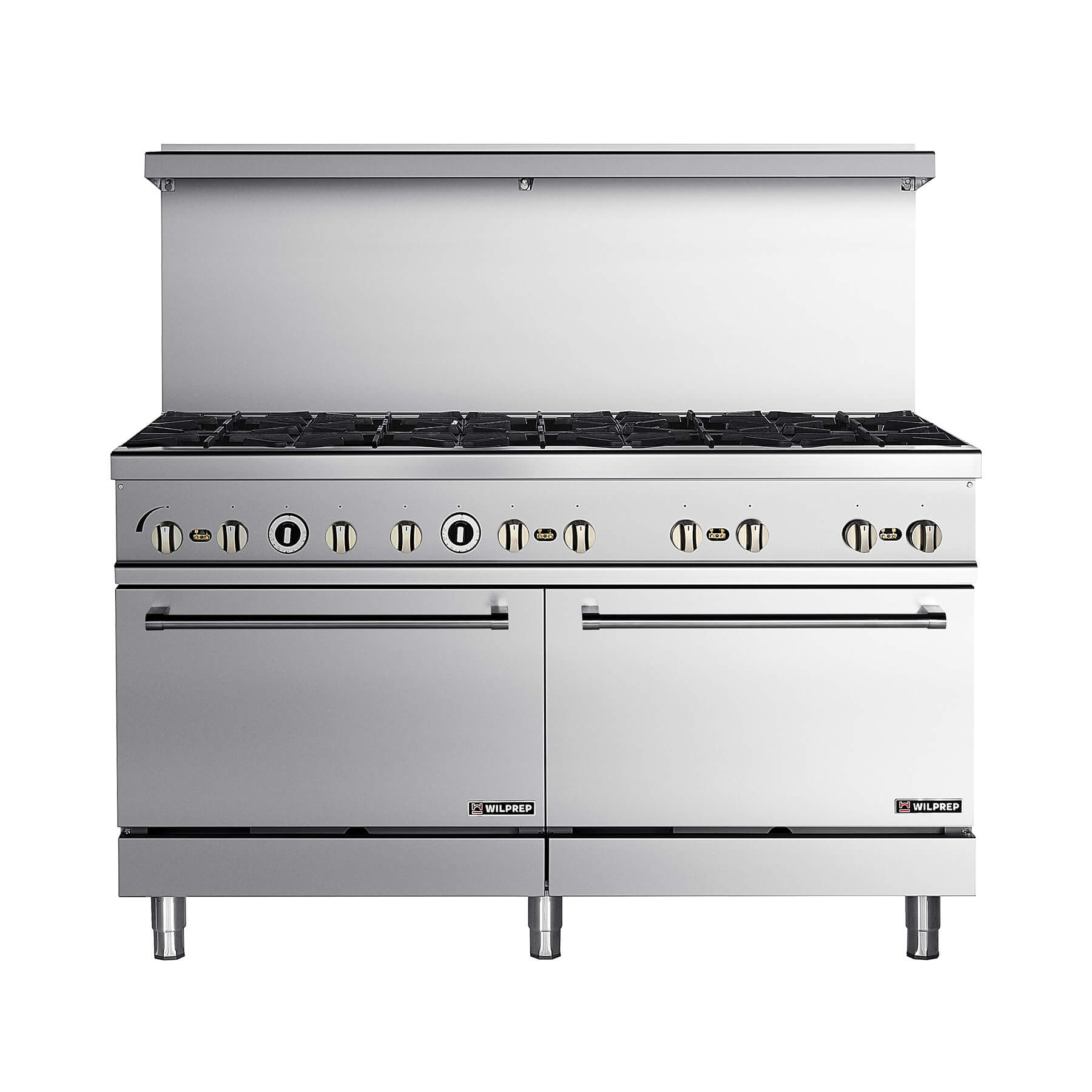 A commercial stainless steel natural gas range with six burners and two ovens.