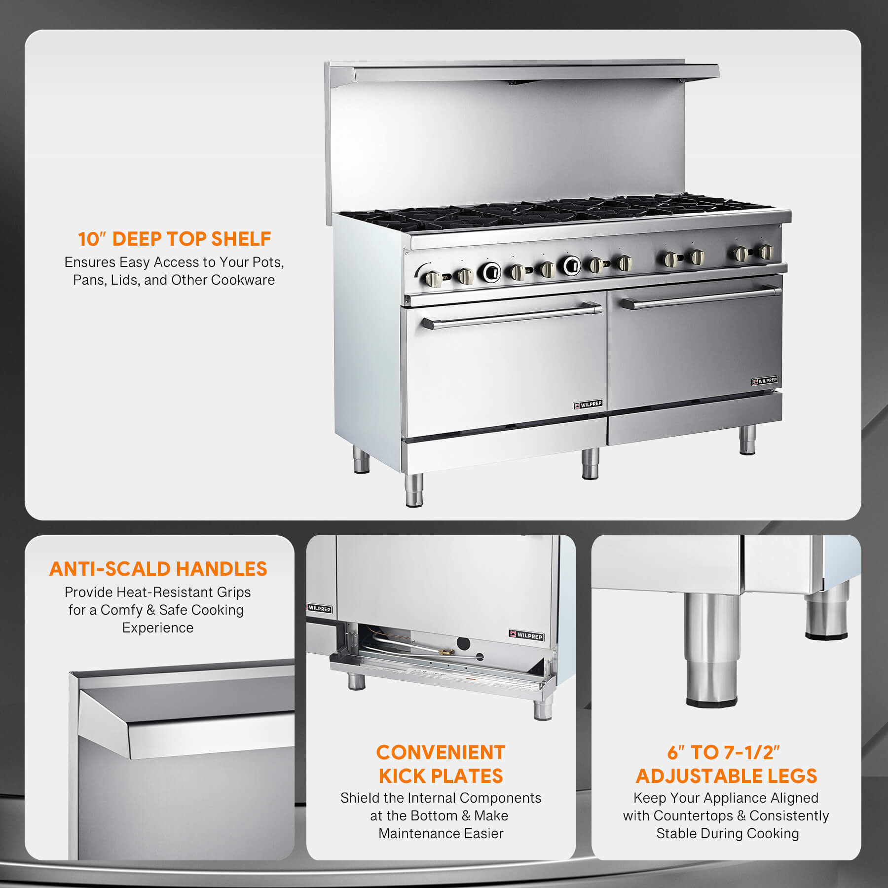 A commercial stainless steel natural gas range with six burners and two ovens.