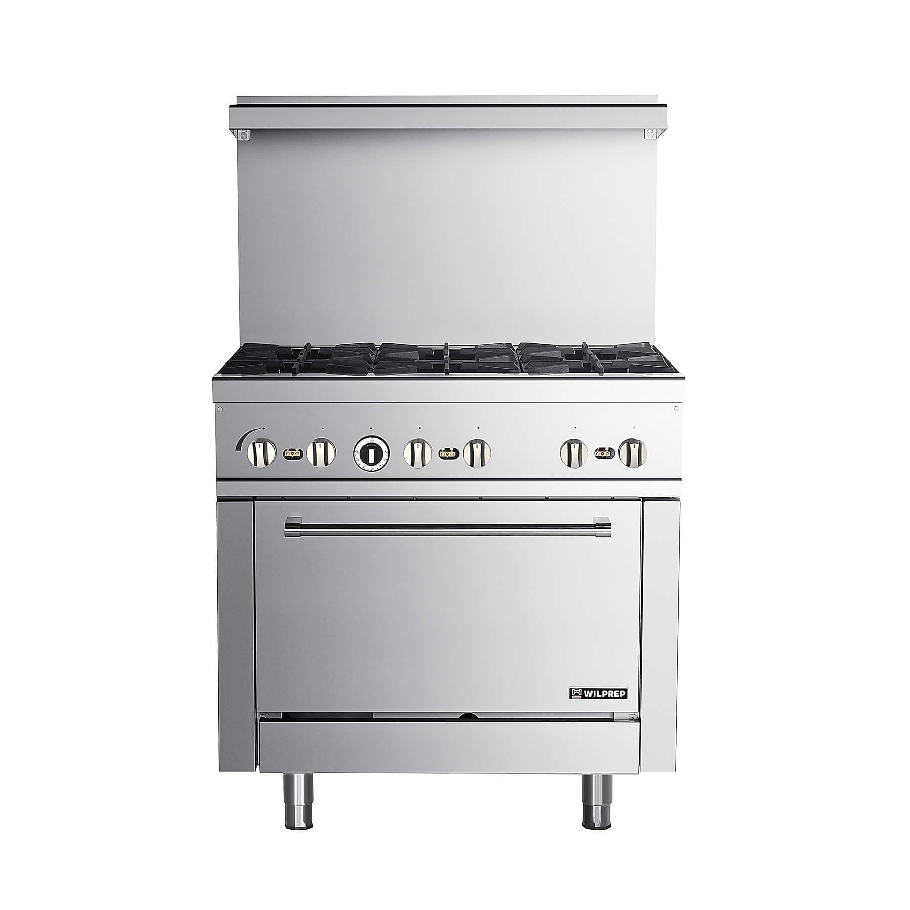 A silver 6 burner natural gas range with a single oven, presented in a studio setting against a white background.