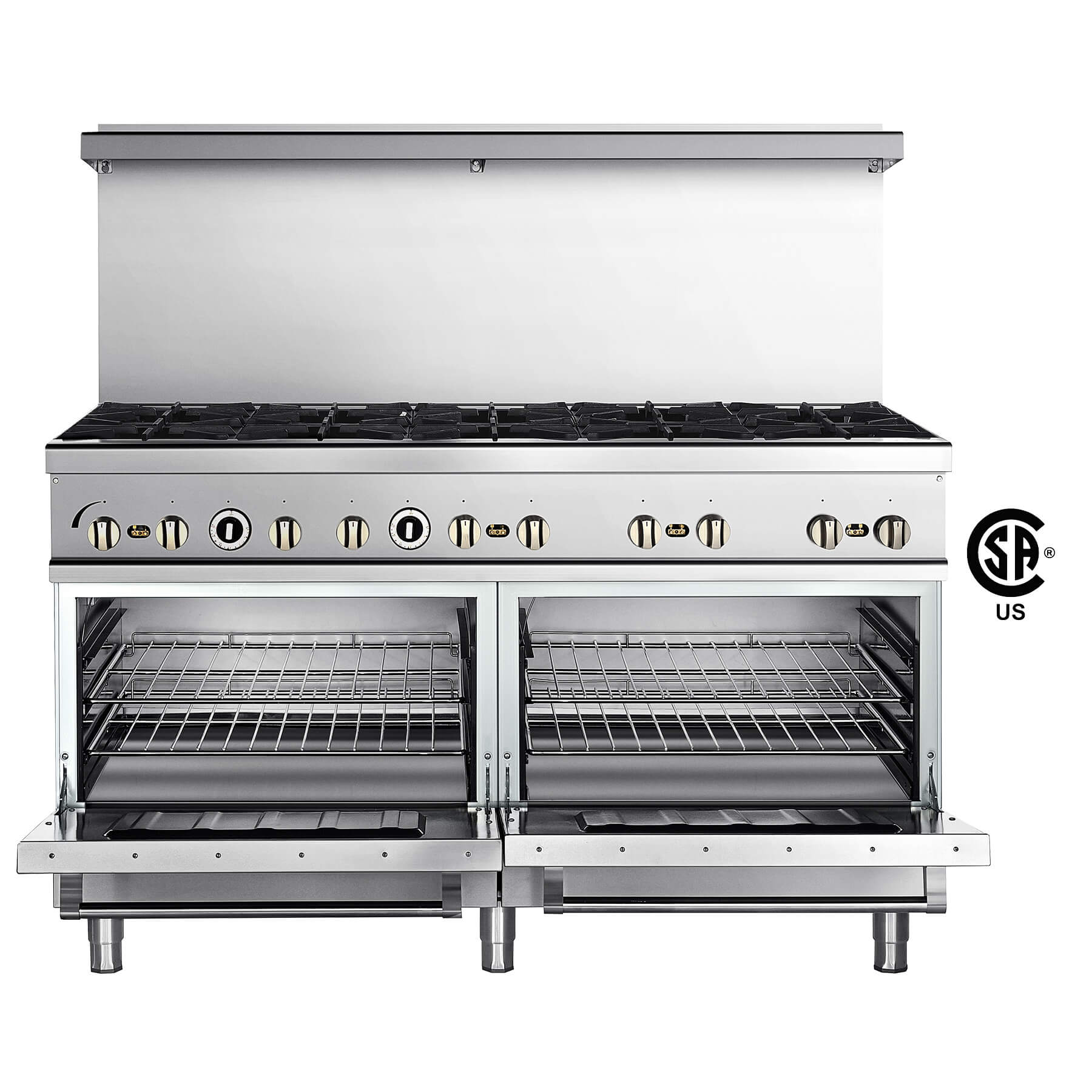 A commercial stainless steel natural gas range with six burners and two ovens.