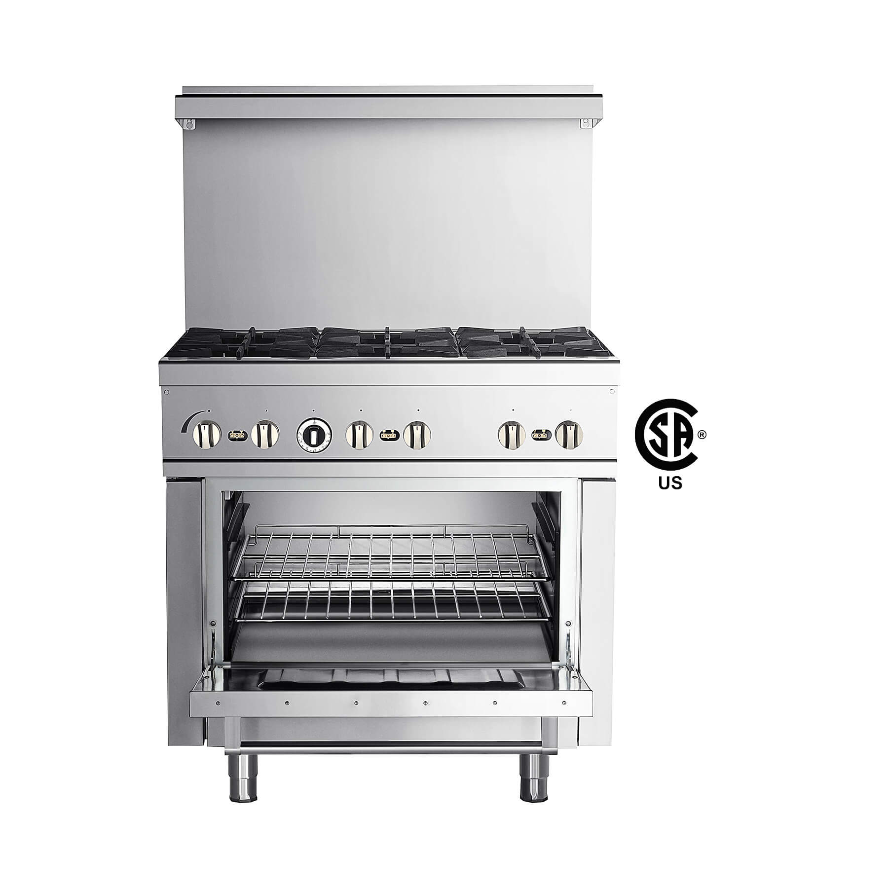 A silver 6 burner natural gas range with a single oven, presented in a studio setting against a white background.