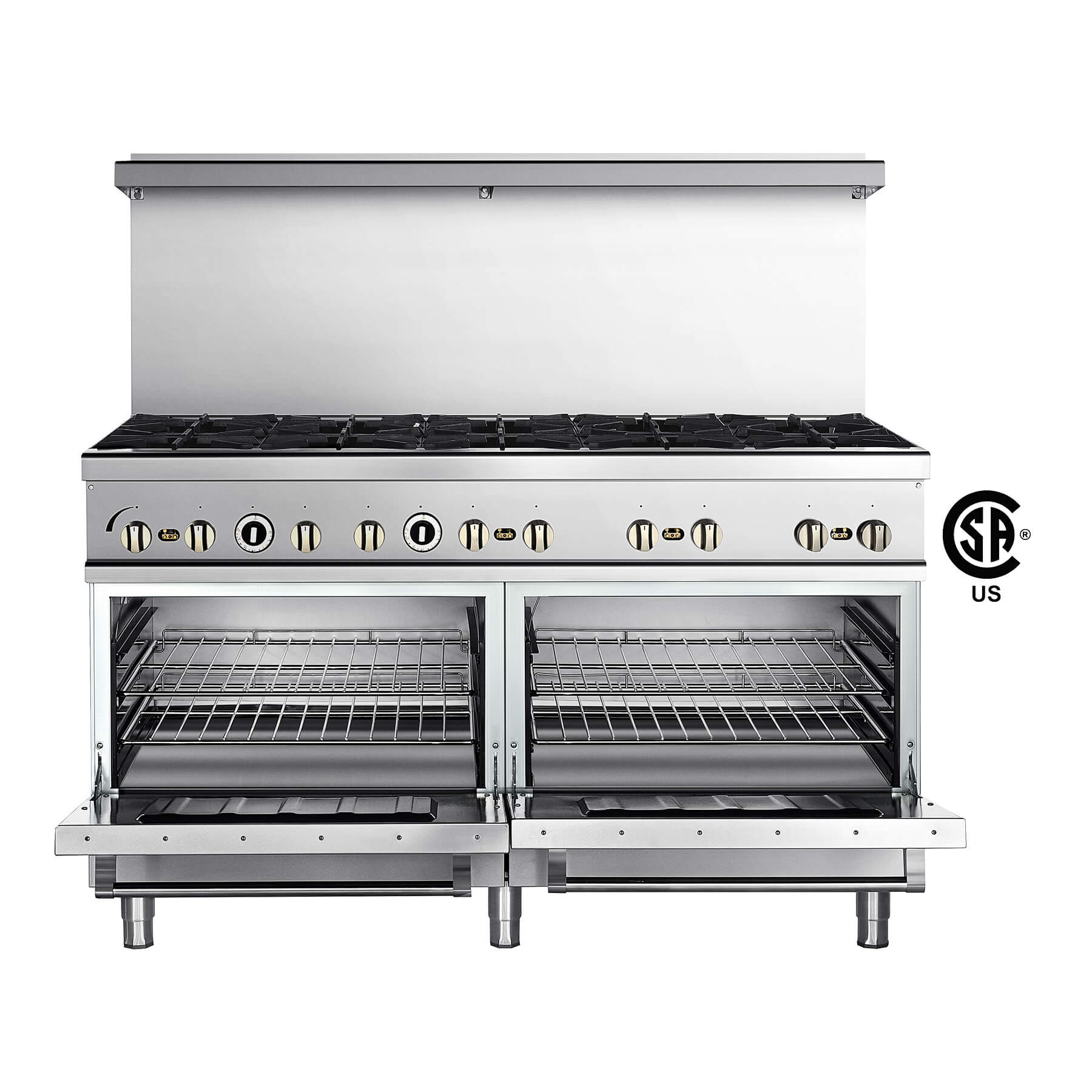 A commercial stainless steel natural gas range with six burners and two ovens.