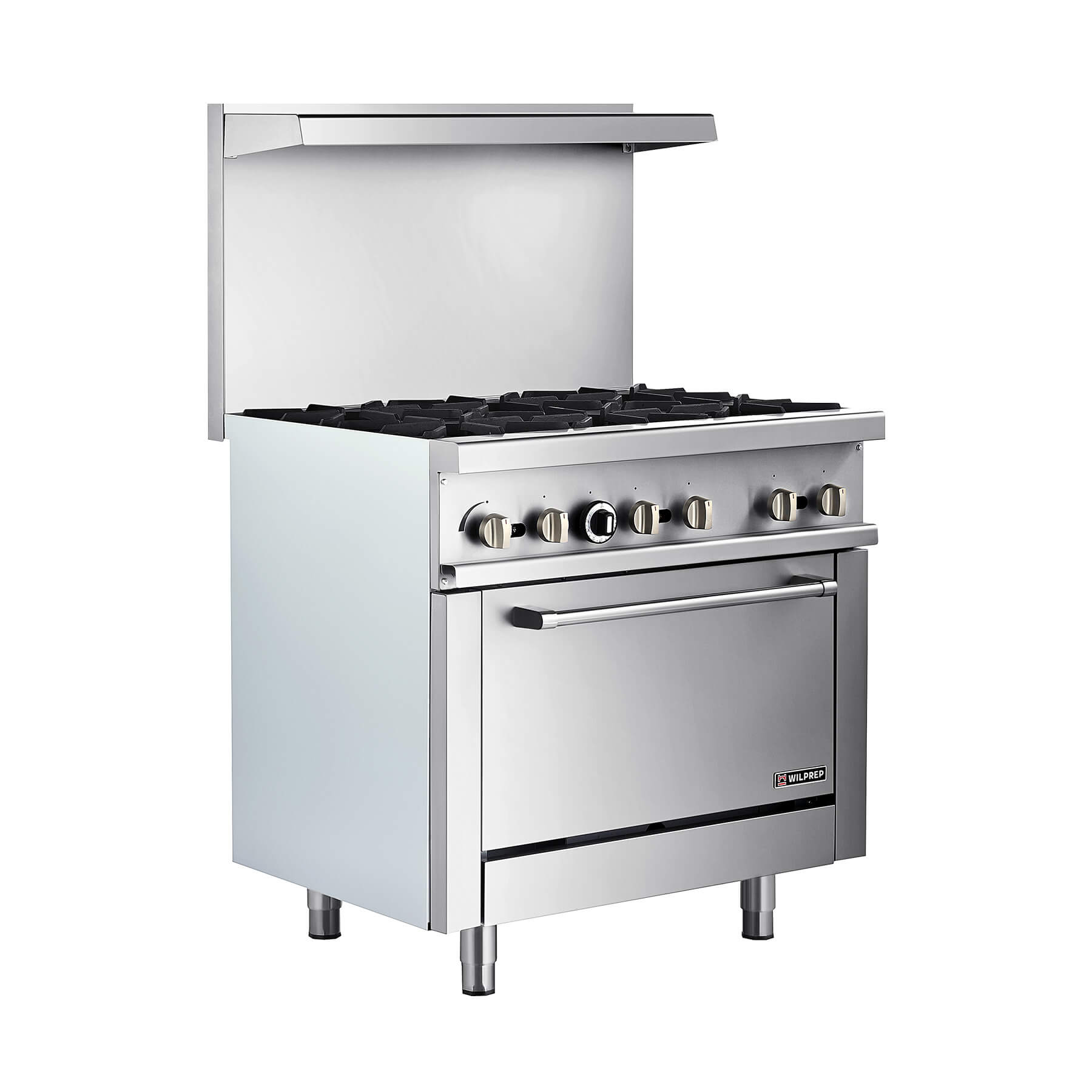 A silver 6 burner natural gas range with a single oven, presented in a studio setting against a white background.