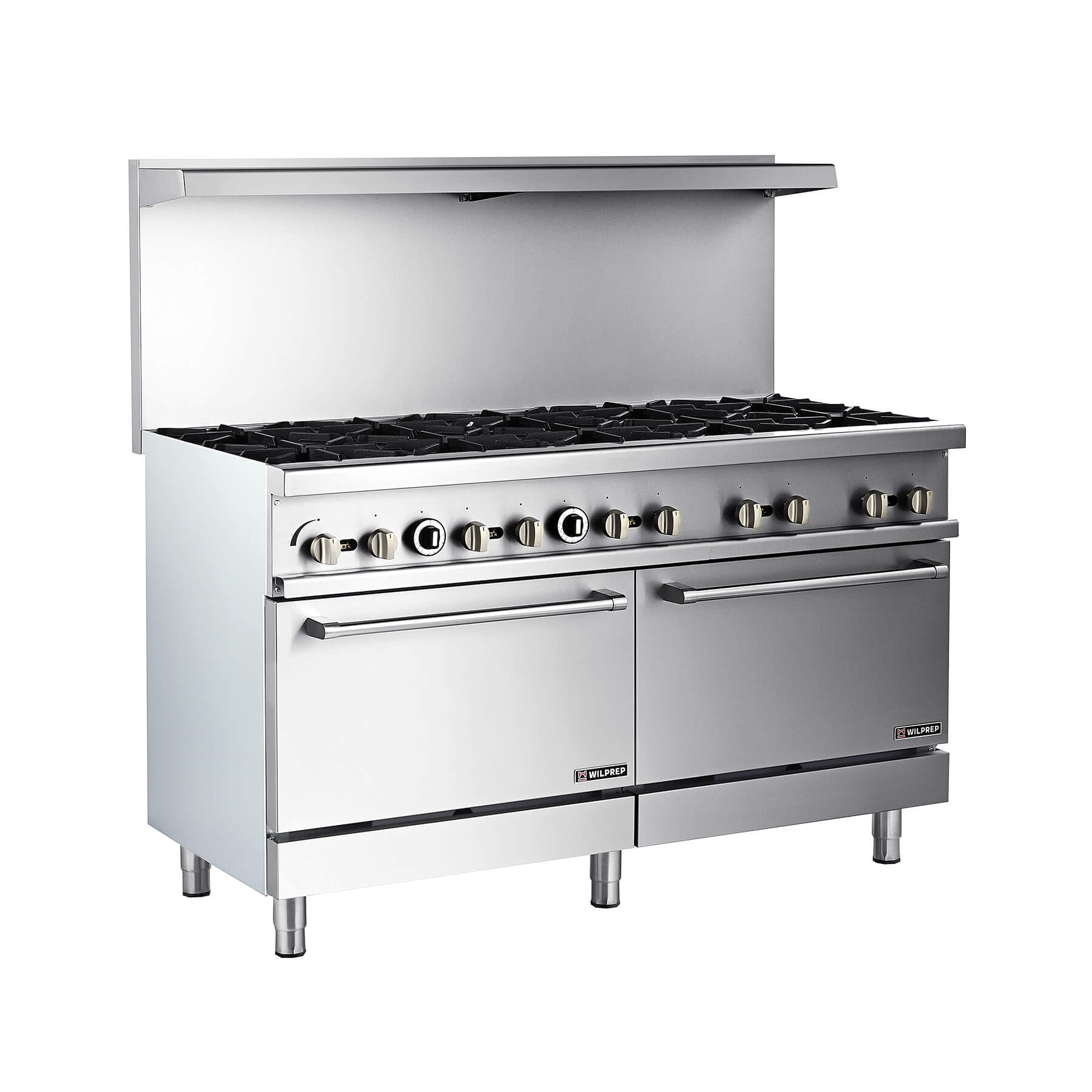 A commercial stainless steel natural gas range with six burners and two ovens.
