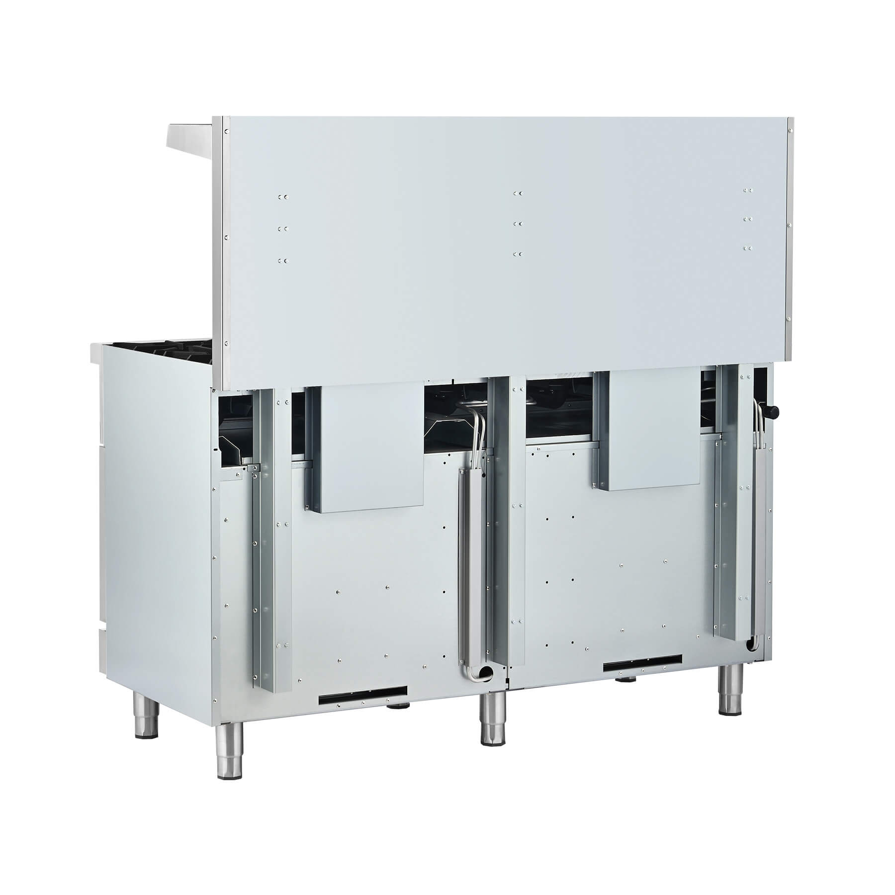 A commercial stainless steel natural gas range with six burners and two ovens.
