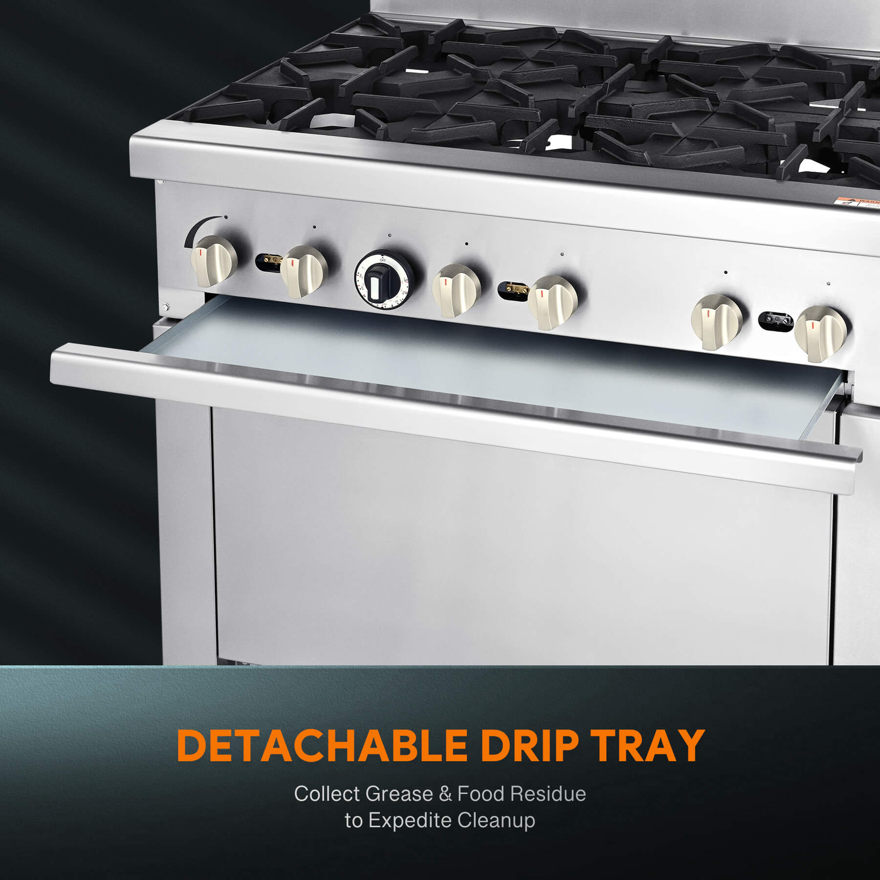 A silver 6 burner natural gas range with  ovens, presented in a studio setting against a white background.