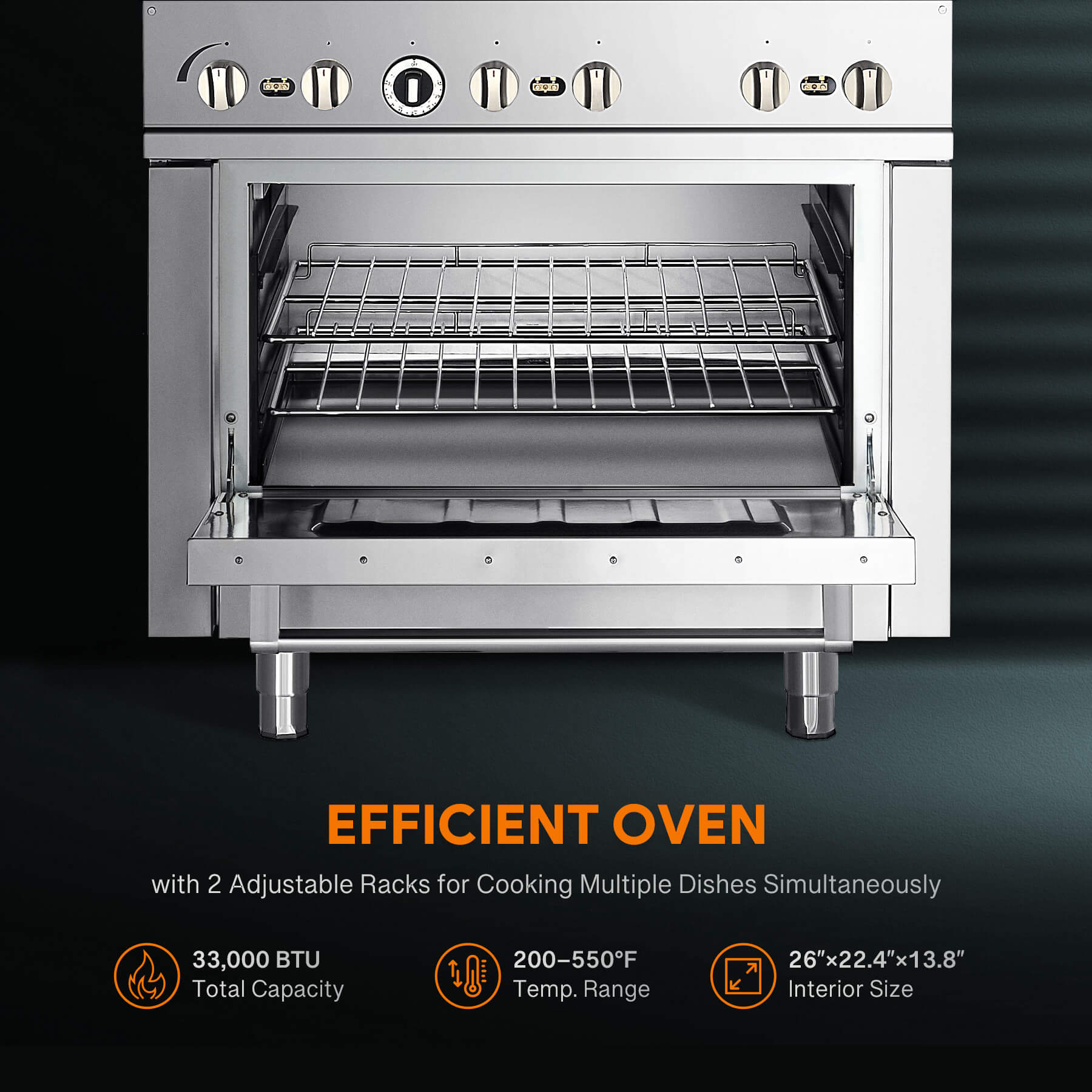 A silver 6 burner natural gas range