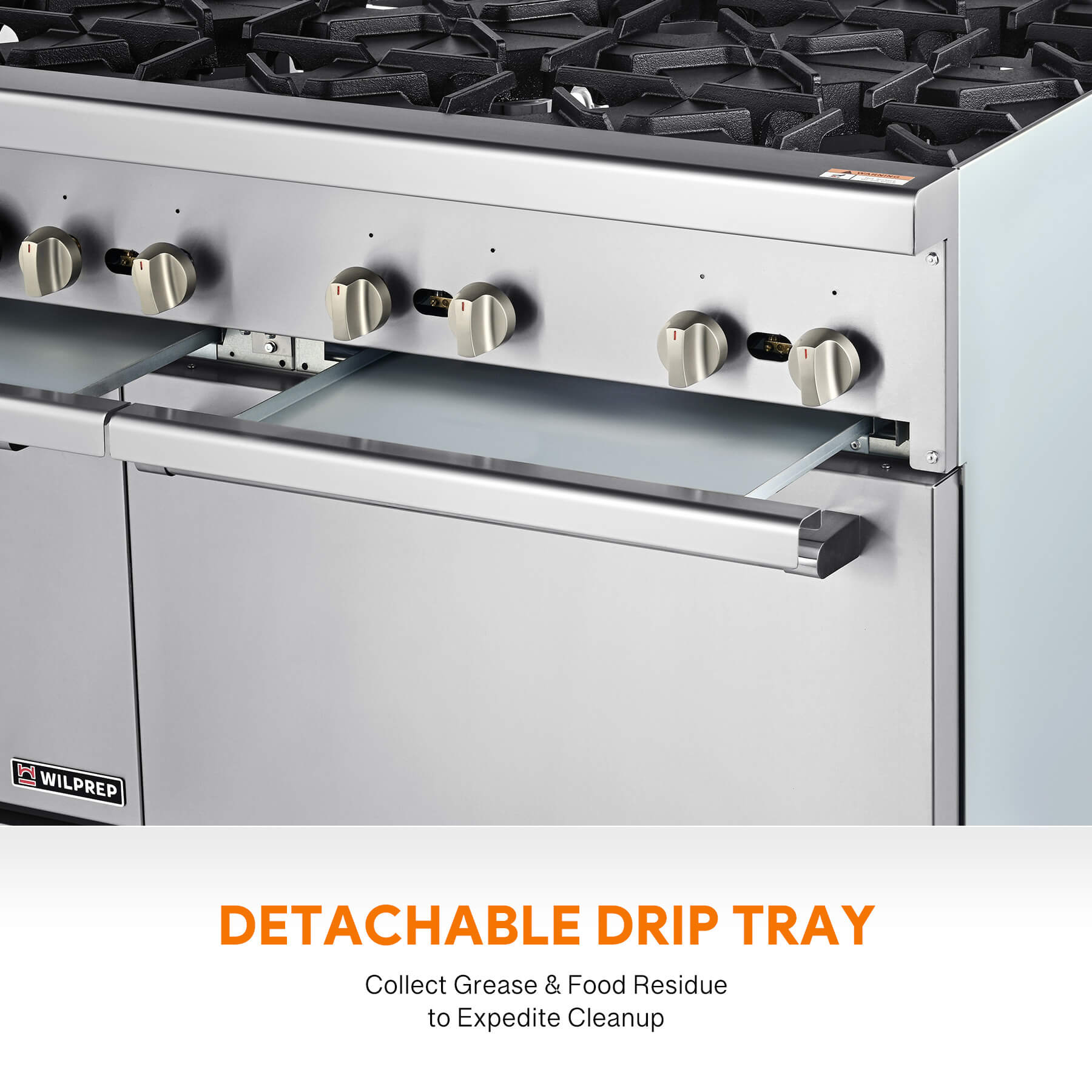 A commercial stainless steel natural gas range with six burners and two ovens.