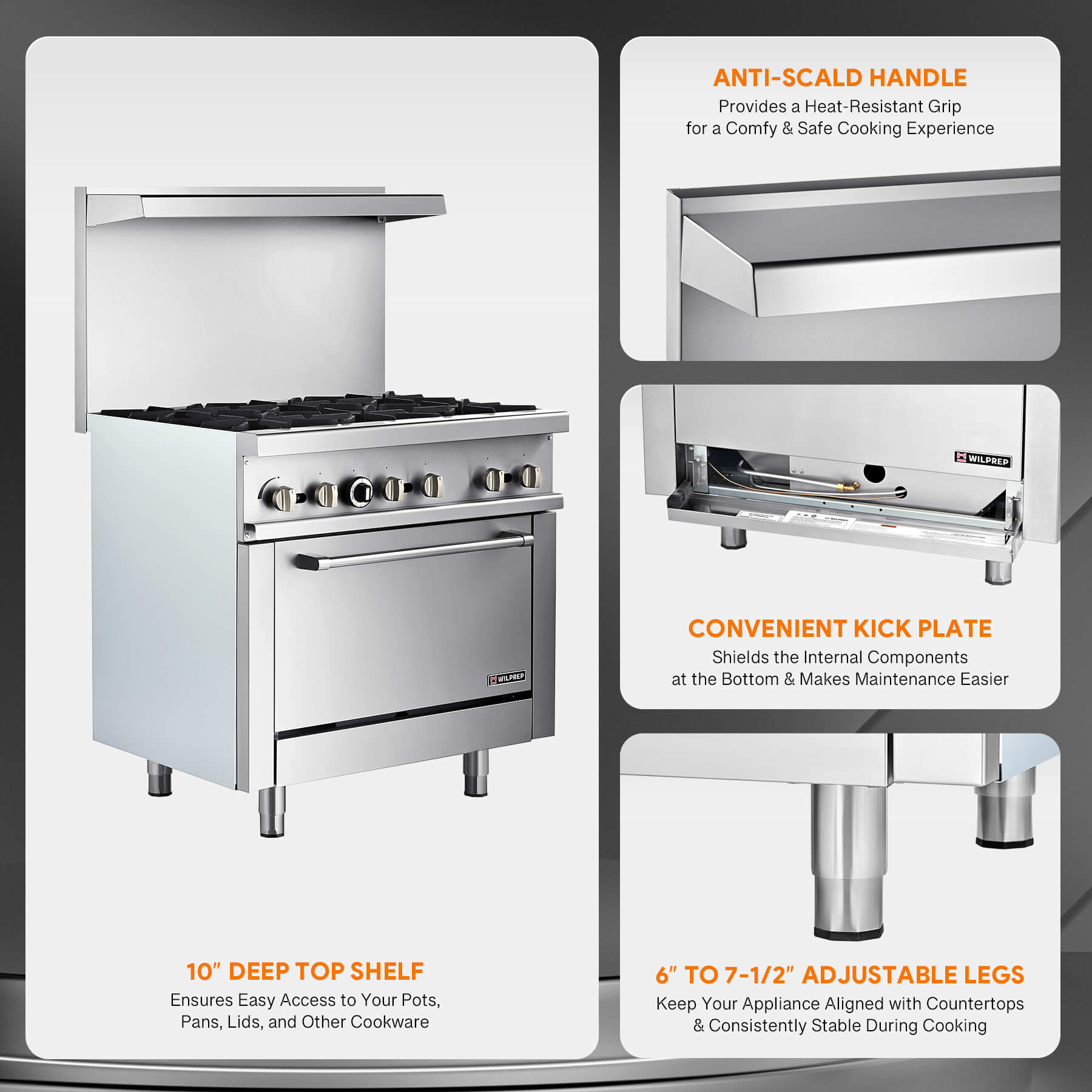 A silver 6 burner natural gas range with a single oven, presented in a studio setting against a white background.