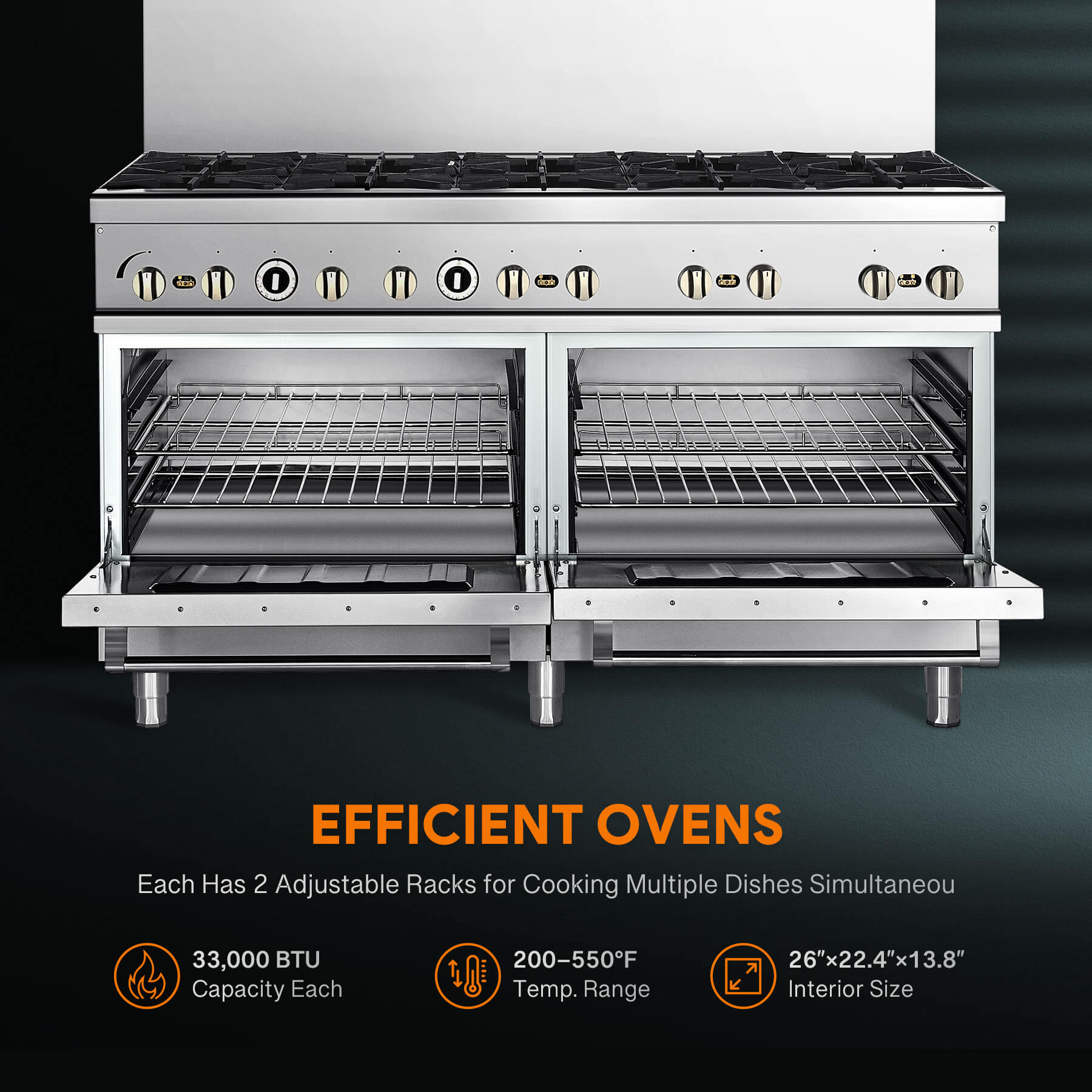 A commercial stainless steel natural gas range with six burners and two ovens.