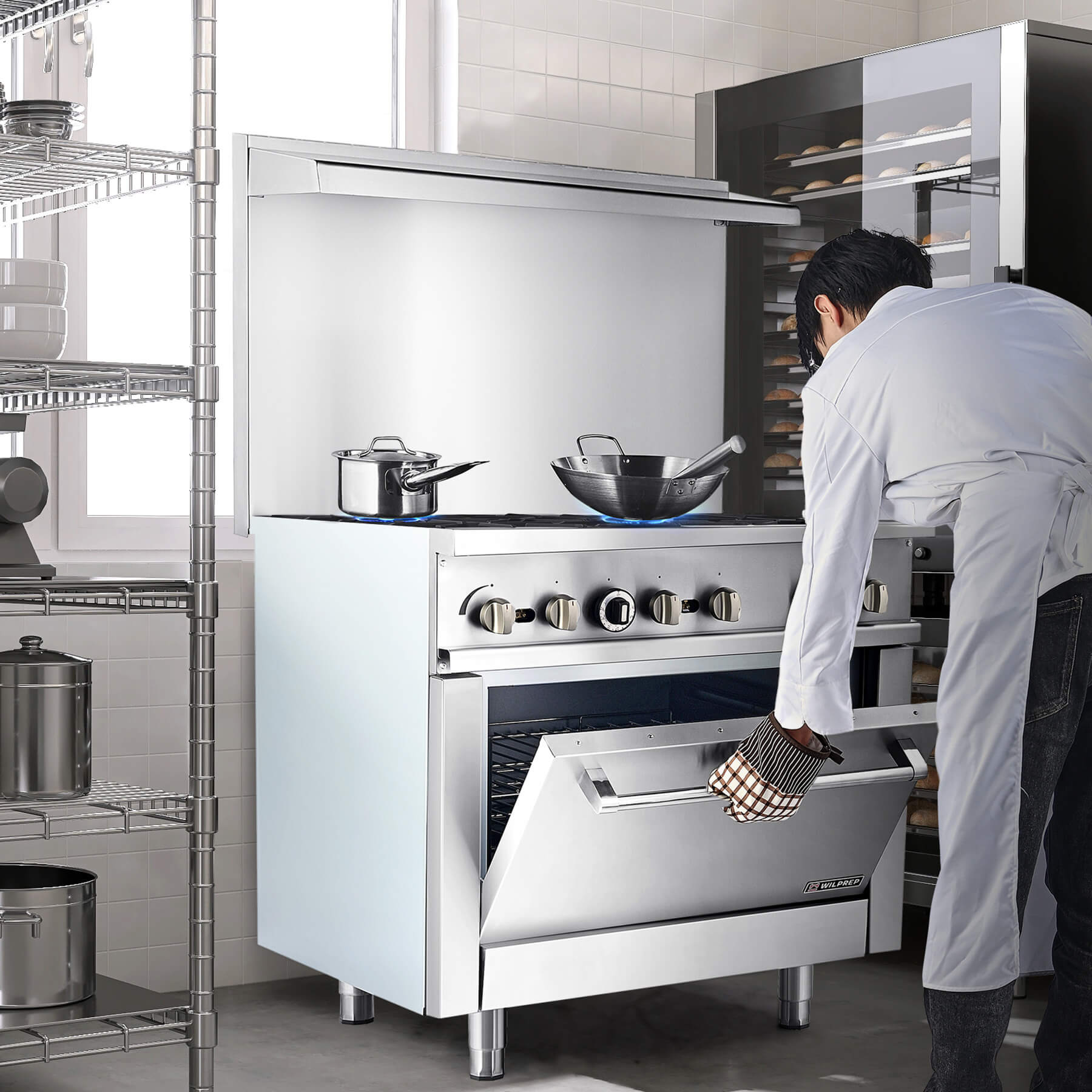 A silver 6 burner natural gas range with a single oven, presented in a studio setting against a white background.
