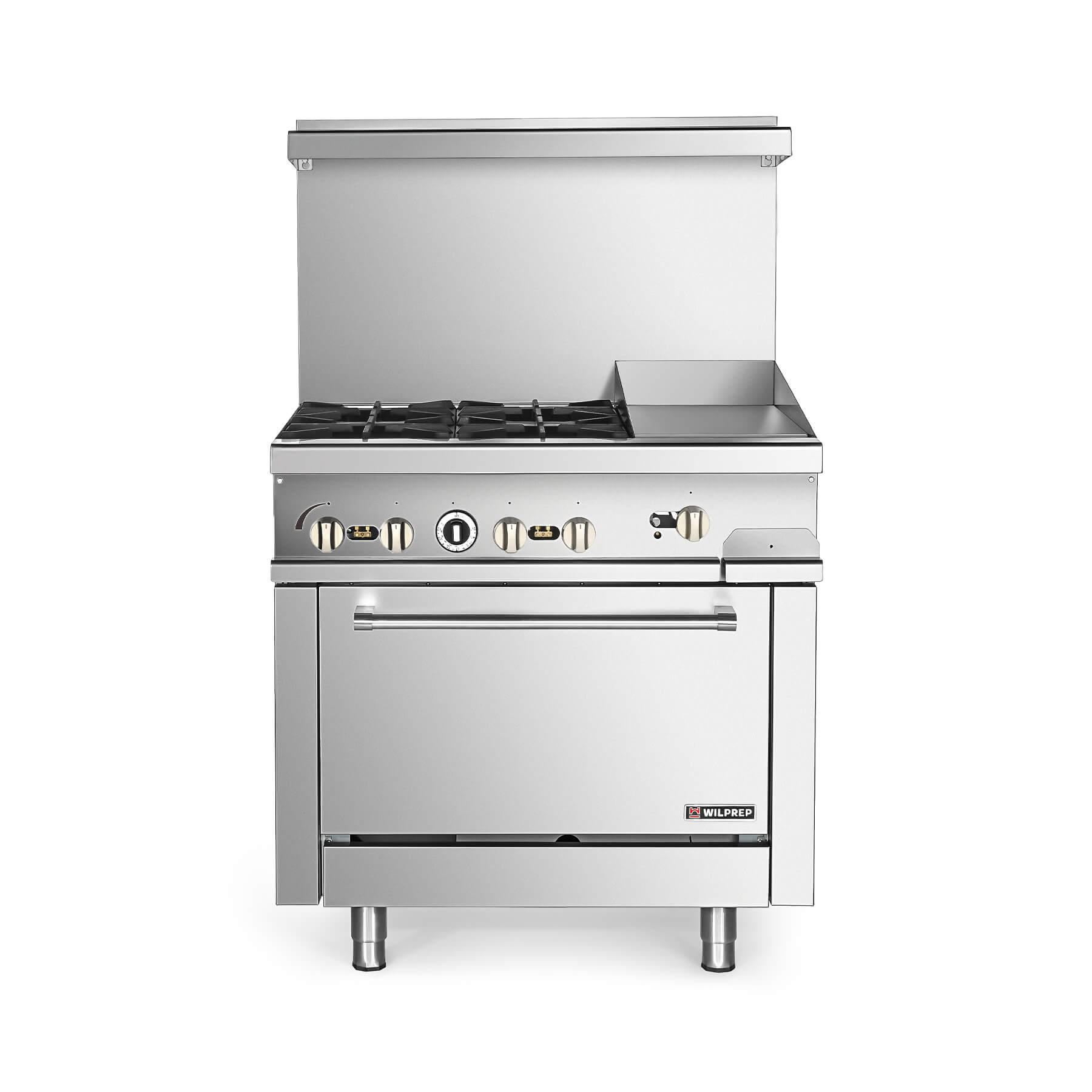 A silver 36 inch natural gas range with 4 burners, a single oven, and a 12 inch griddle.