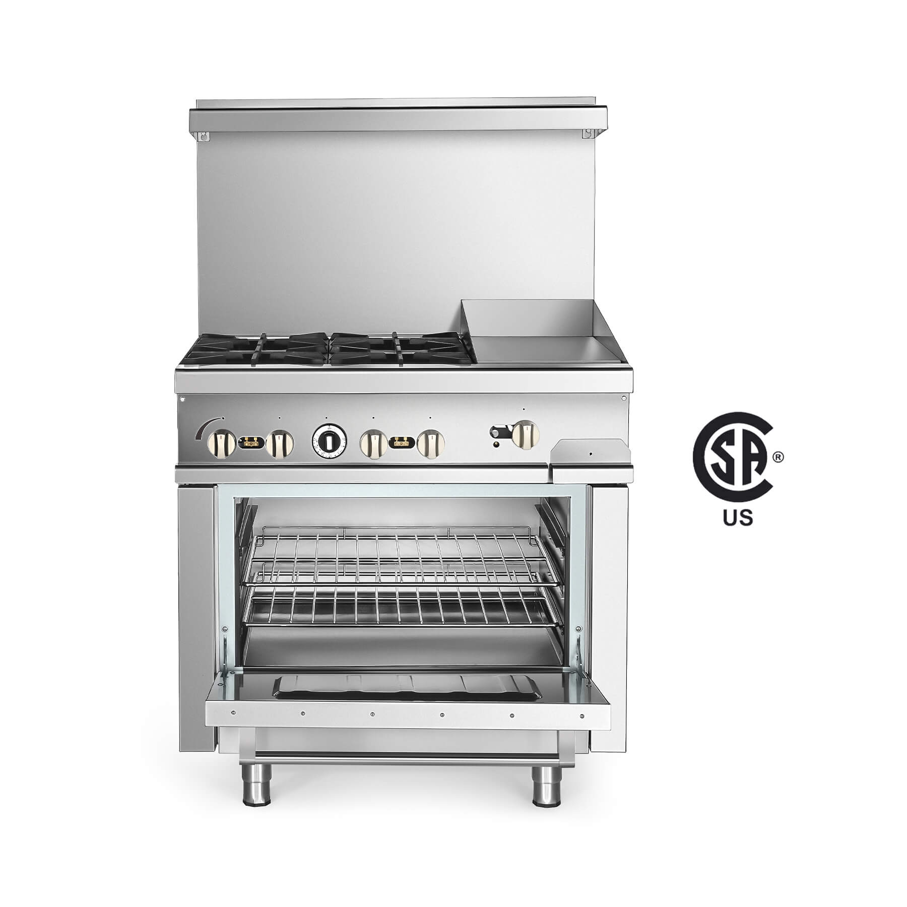 A silver 36 inch natural gas range with 4 burners, a single oven, and a 12 inch griddle.