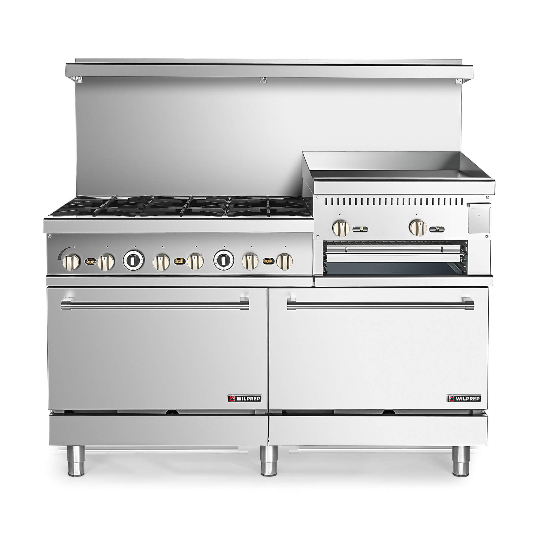 A commercial-grade stainless steel natural gas range with two ovens, a griddle broiler, and multiple burners.