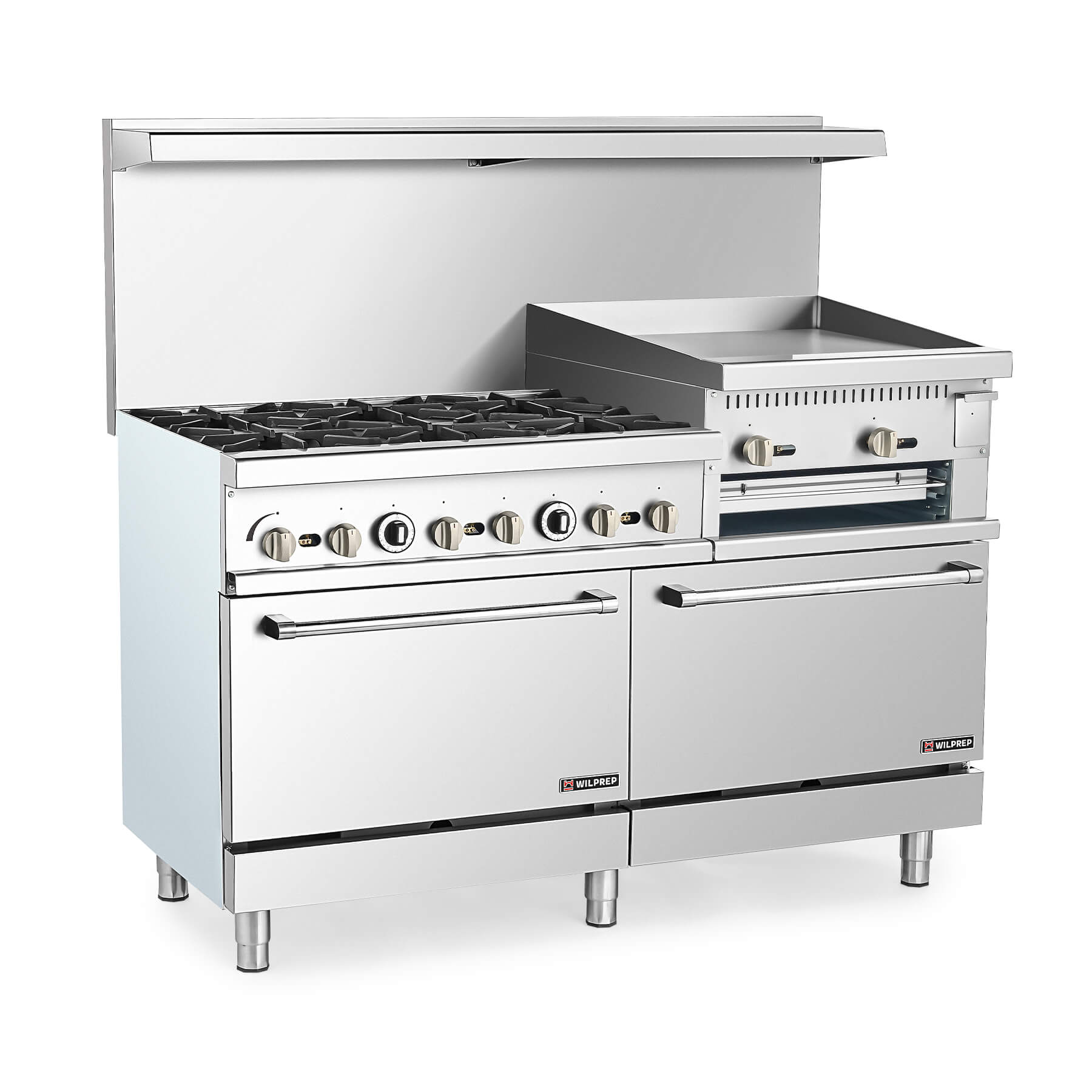 A commercial-grade stainless steel natural gas range with two ovens, a griddle broiler, and multiple burners.
