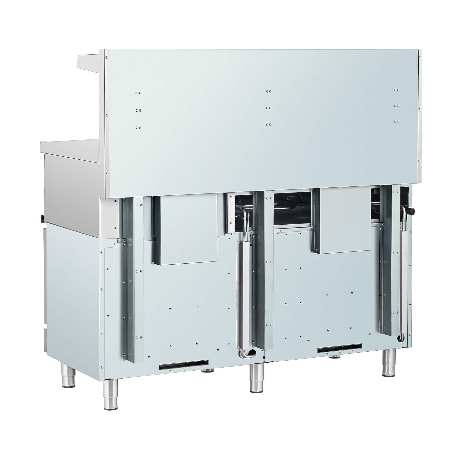 A commercial-grade stainless steel natural gas range with two ovens, a griddle broiler, and multiple burners.