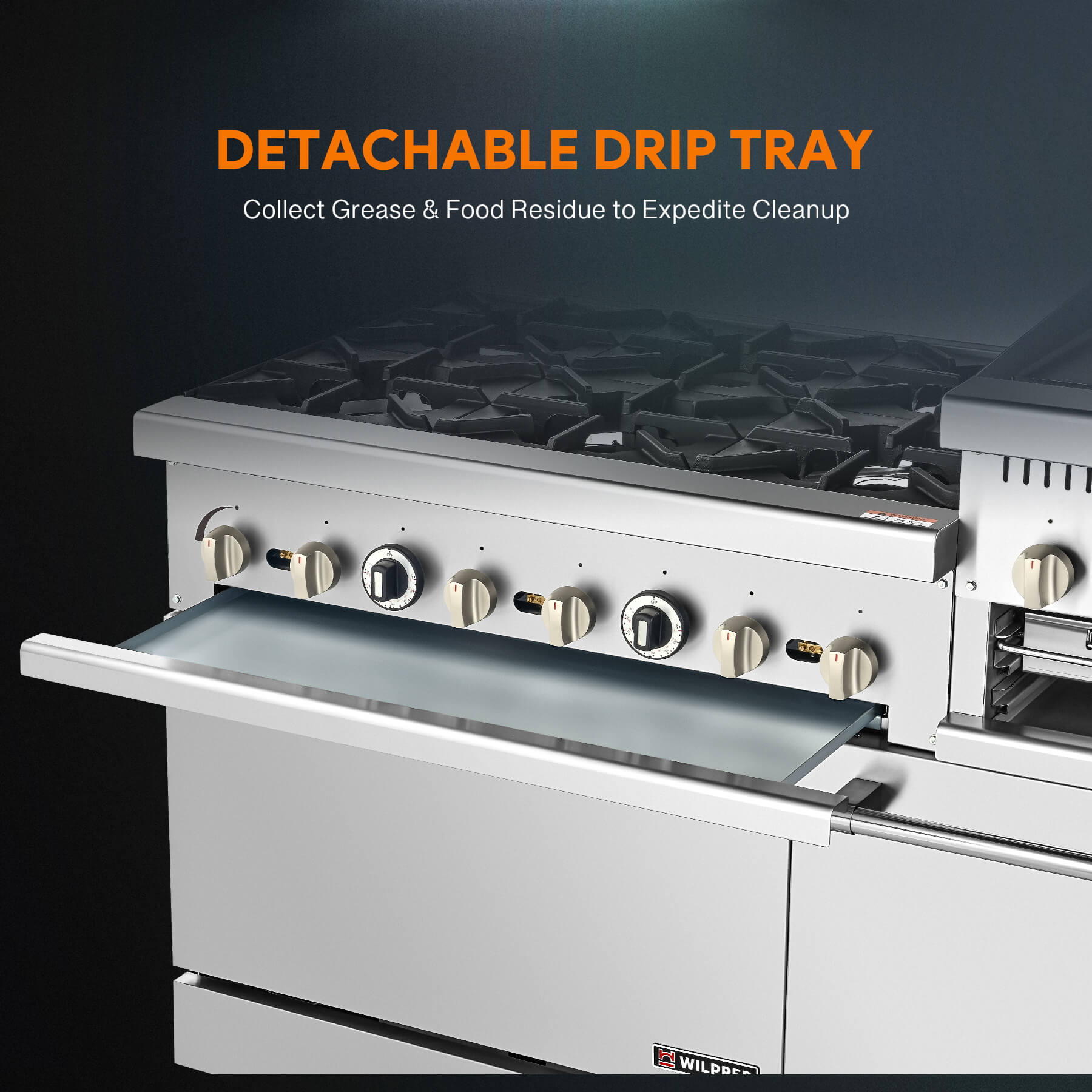 A commercial-grade stainless steel natural gas range with two ovens, a griddle broiler, and multiple burners.
