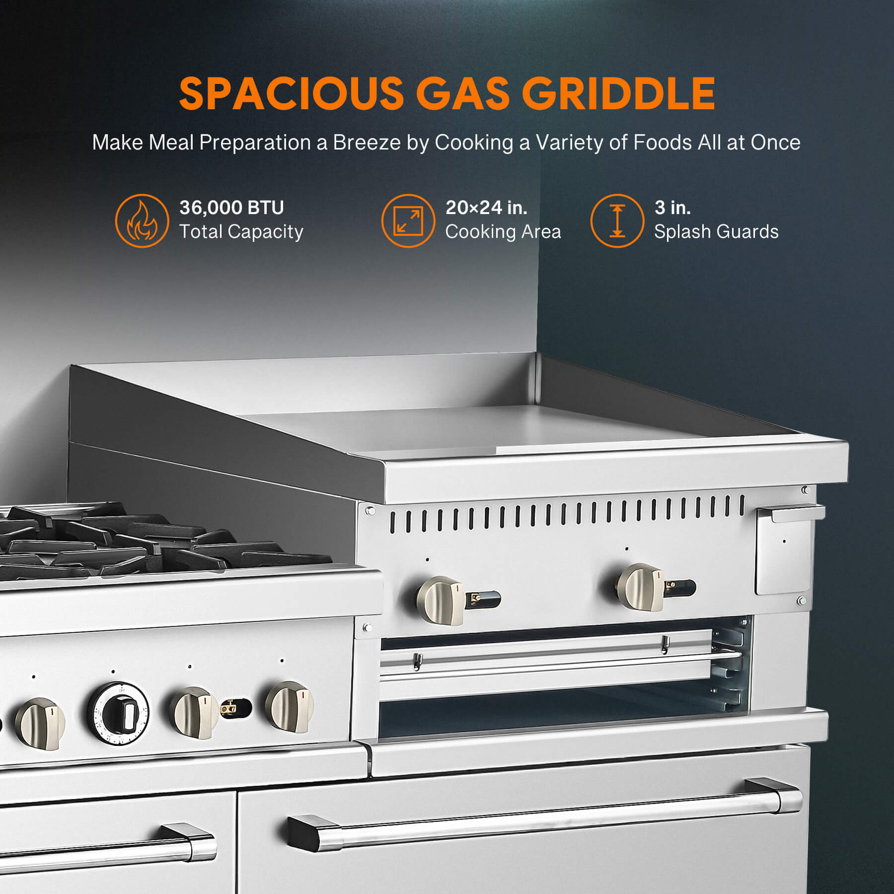 A commercial-grade stainless steel natural gas range with two ovens, a griddle broiler, and multiple burners.