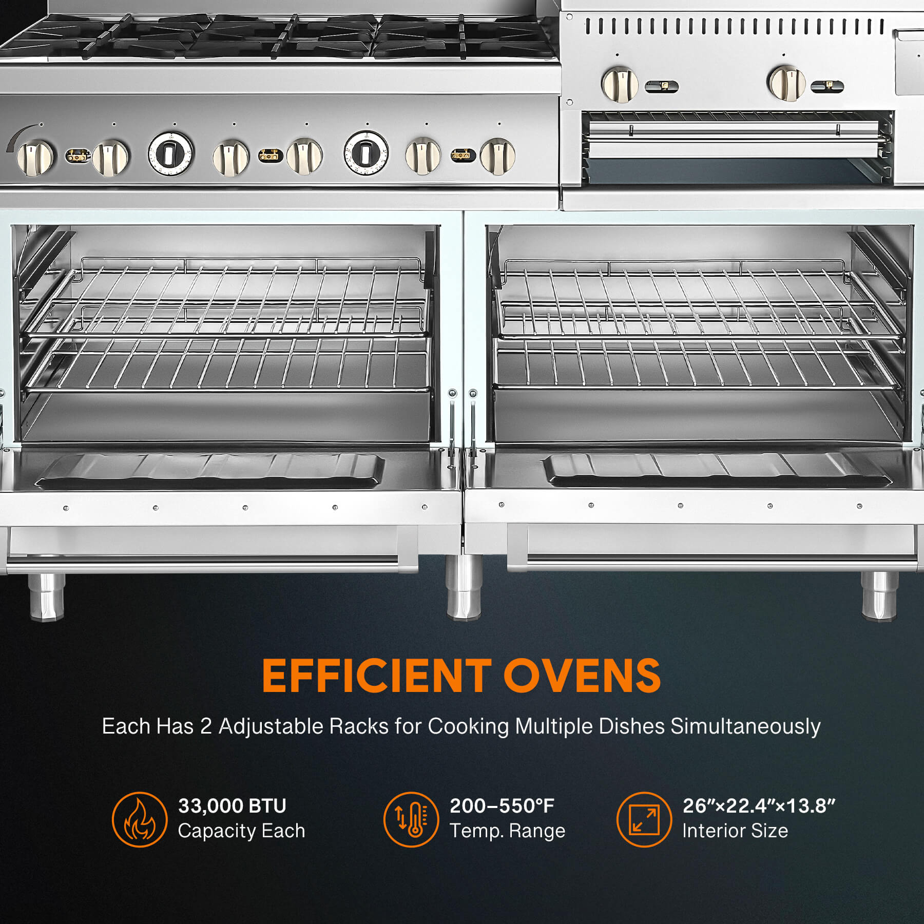 A commercial-grade stainless steel natural gas range with two ovens, a griddle broiler, and multiple burners.