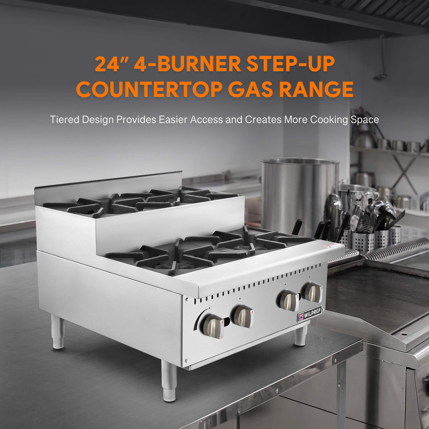 24" 4-Burner Natural Gas Step-Up Countertop Range with 26000 BTU Burners
