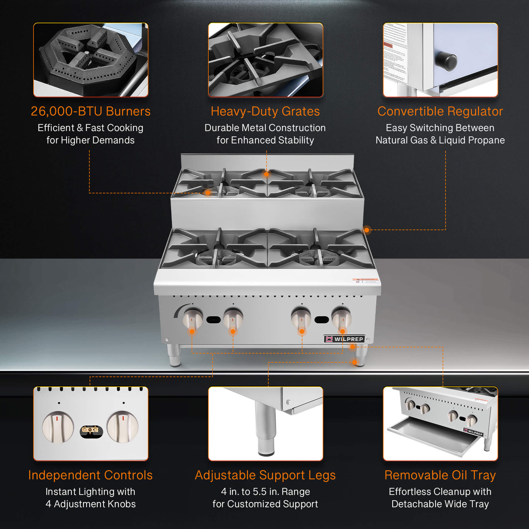 24" 4-Burner Natural Gas Step-Up Countertop Range with 26000 BTU Burners
