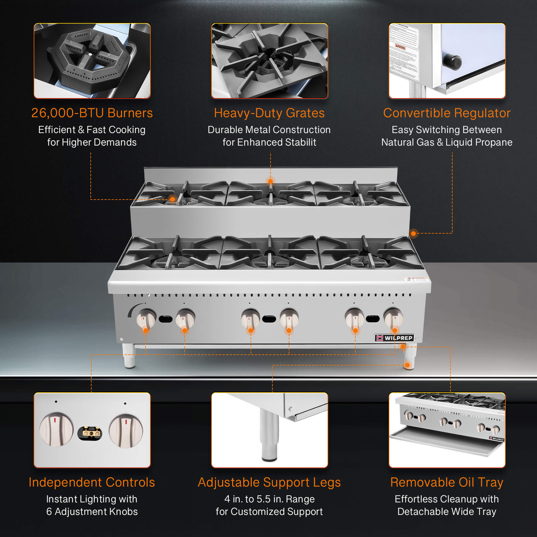 36" 6-Burner  LPG Step-Up Countertop Range with 26000 BTU Burners

