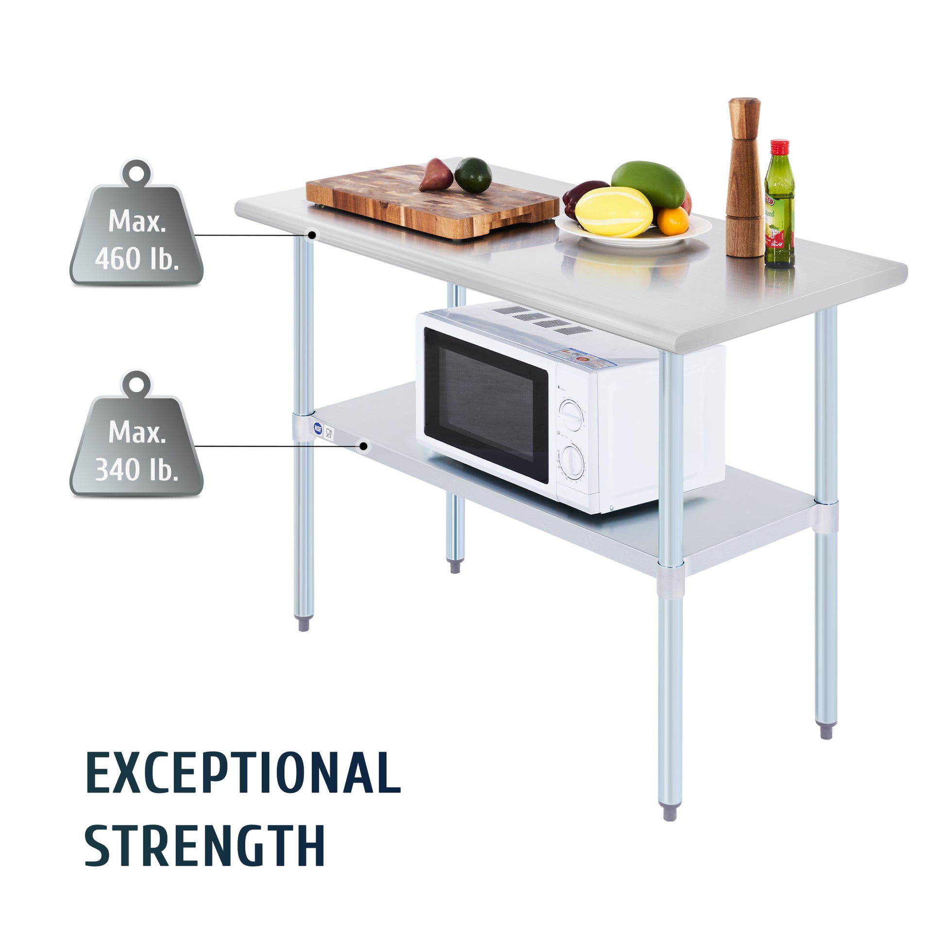Stainless steel commercial work table with a smooth top, back splash, and adjustable undershelf, featuring metal legs.