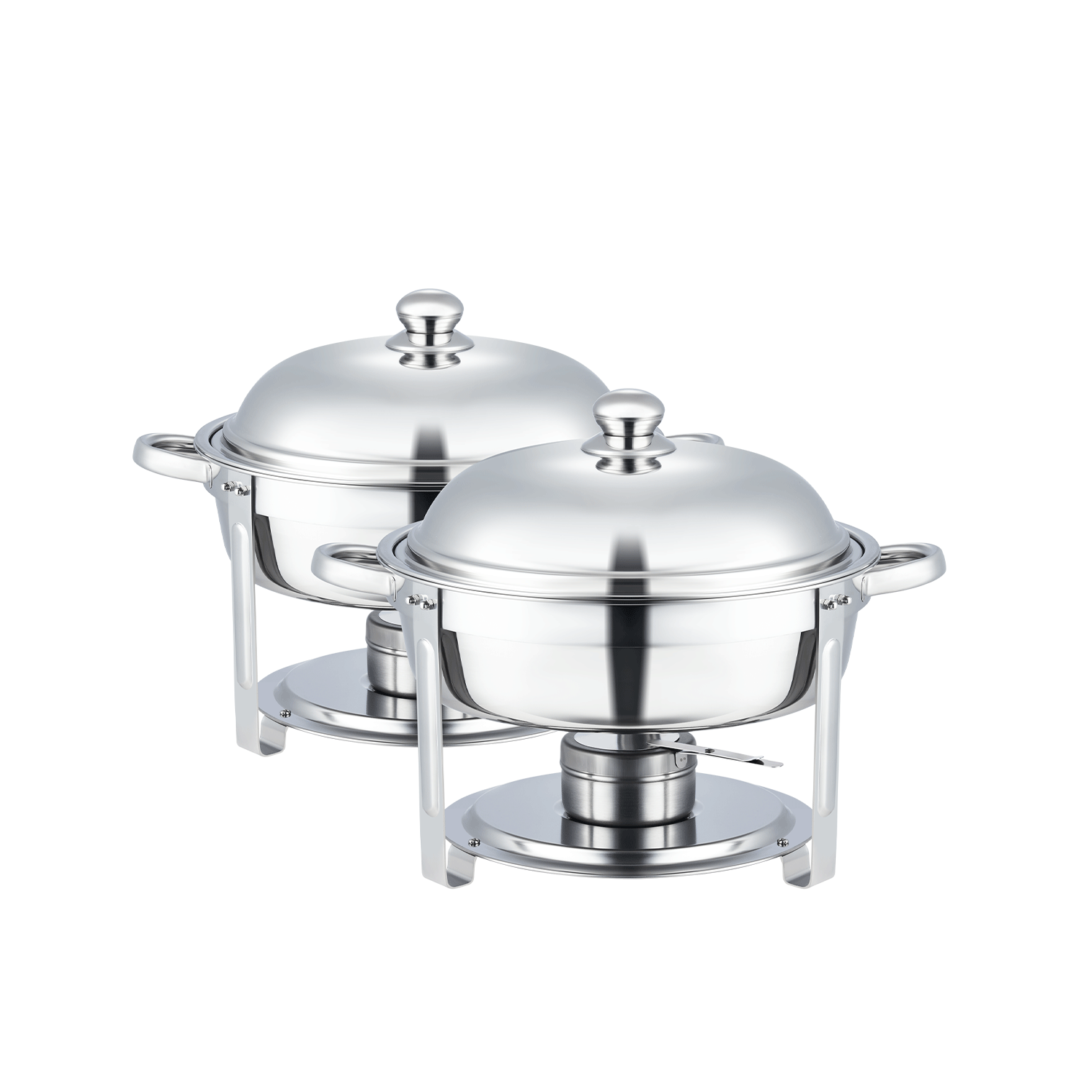 Two round stainless steel chafing dishes with lids, on a white background.