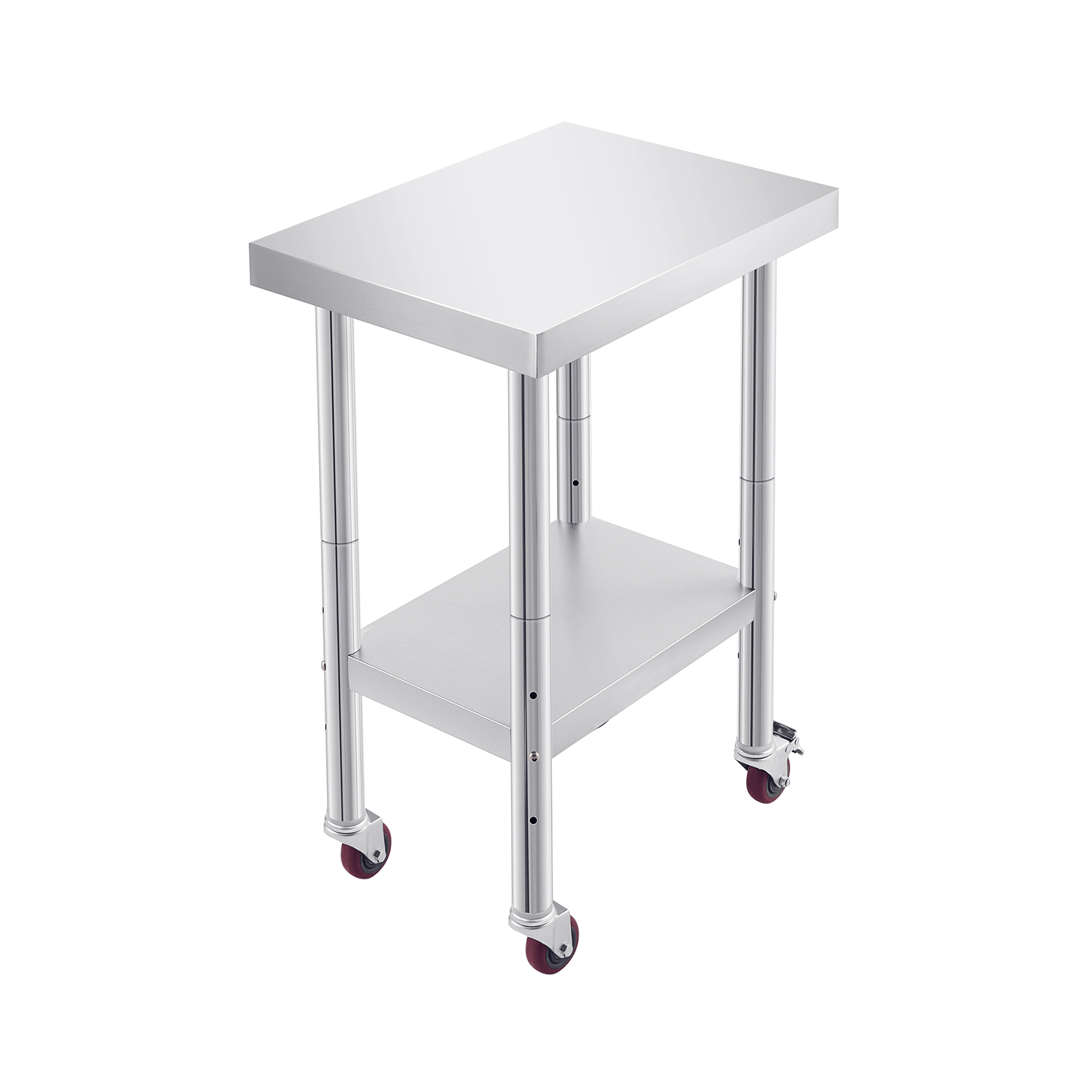 Stainless steel commercial work table with a smooth top, back splash, featuring metal legs.