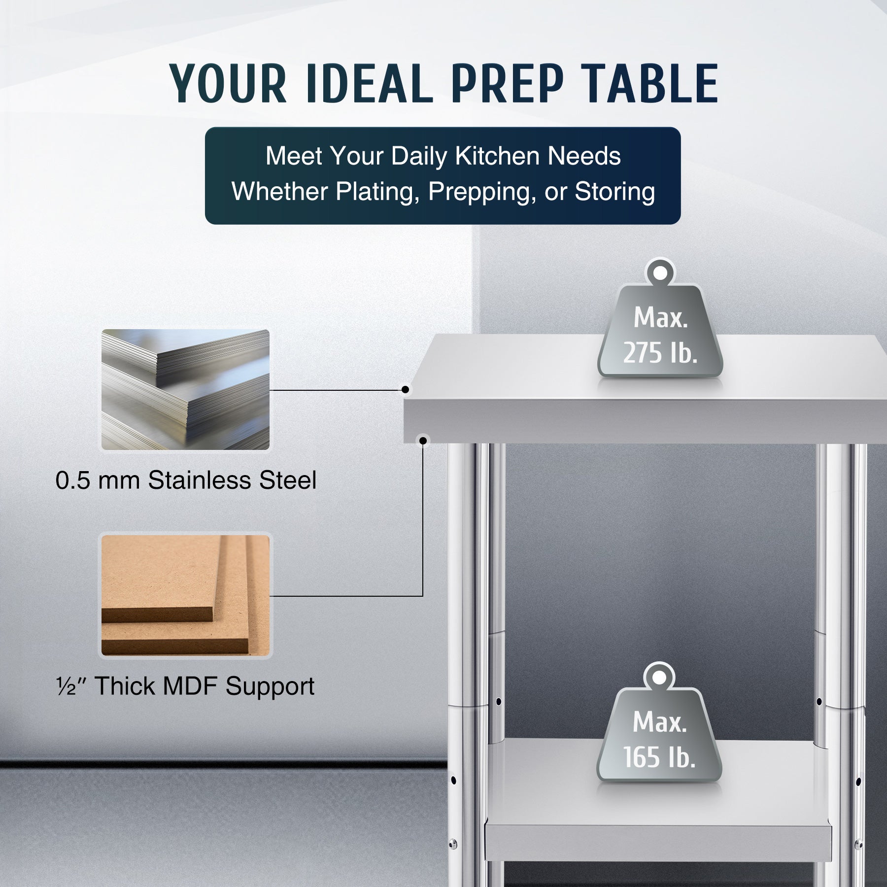 Stainless steel commercial work table with a smooth top, back splash, featuring metal legs.