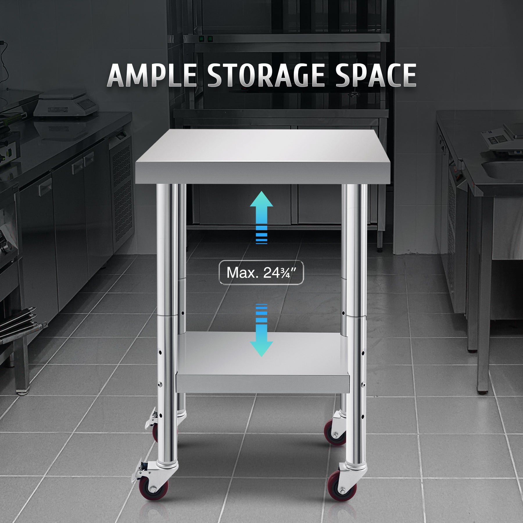 Stainless steel commercial work table with a smooth top, back splash, featuring metal legs.