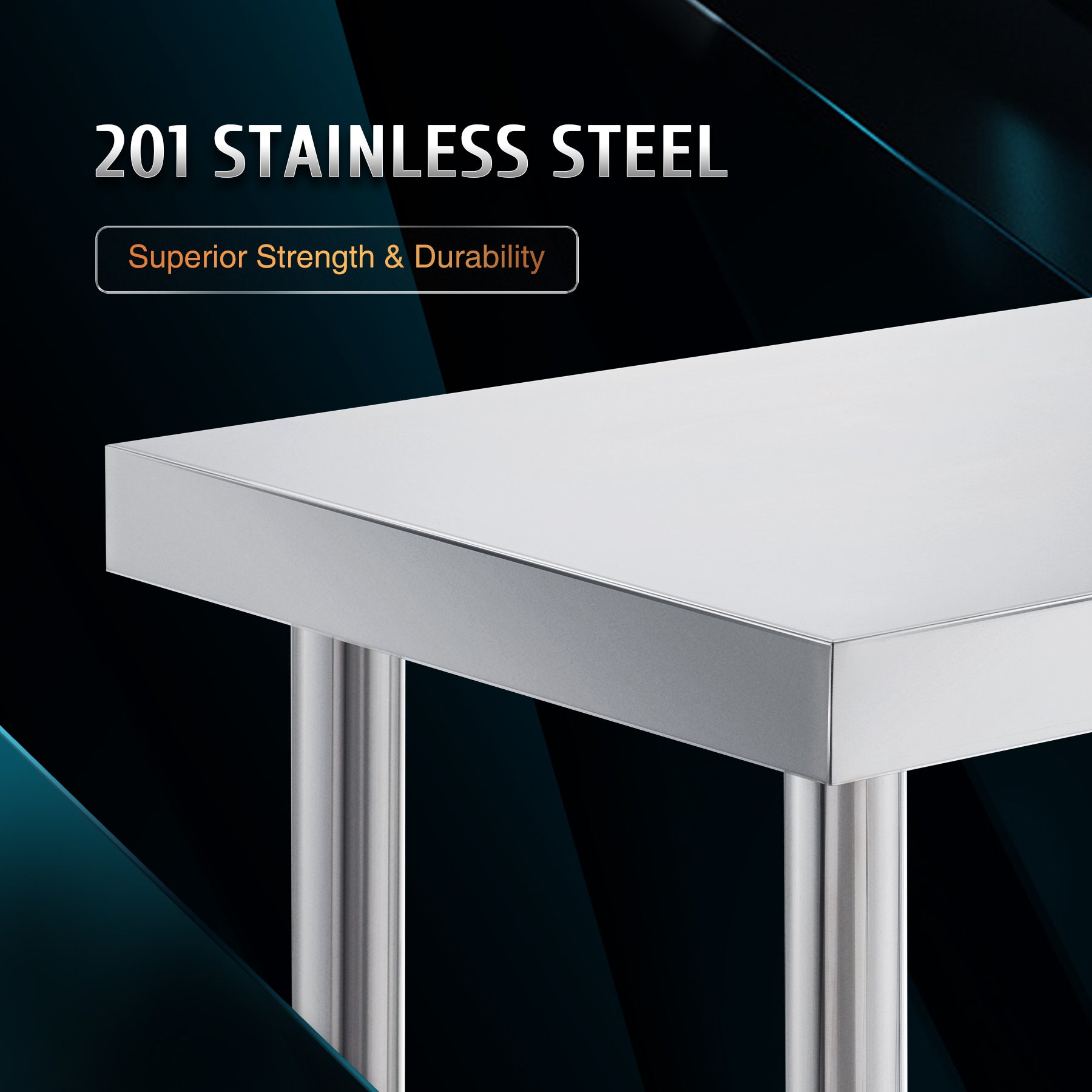 Stainless steel commercial work table with a smooth top, back splash, featuring metal legs.