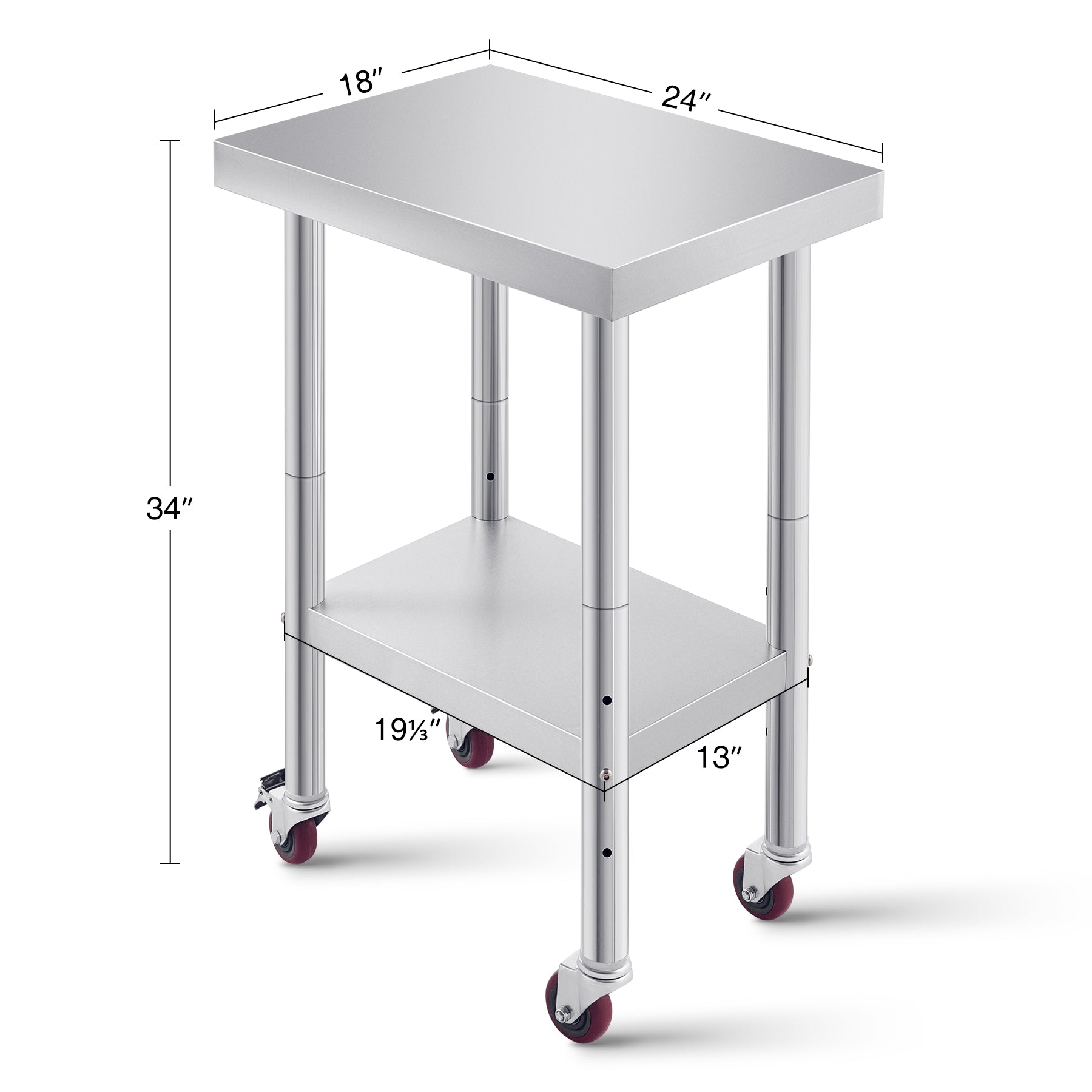 Stainless steel commercial work table with a smooth top, back splash, featuring metal legs.