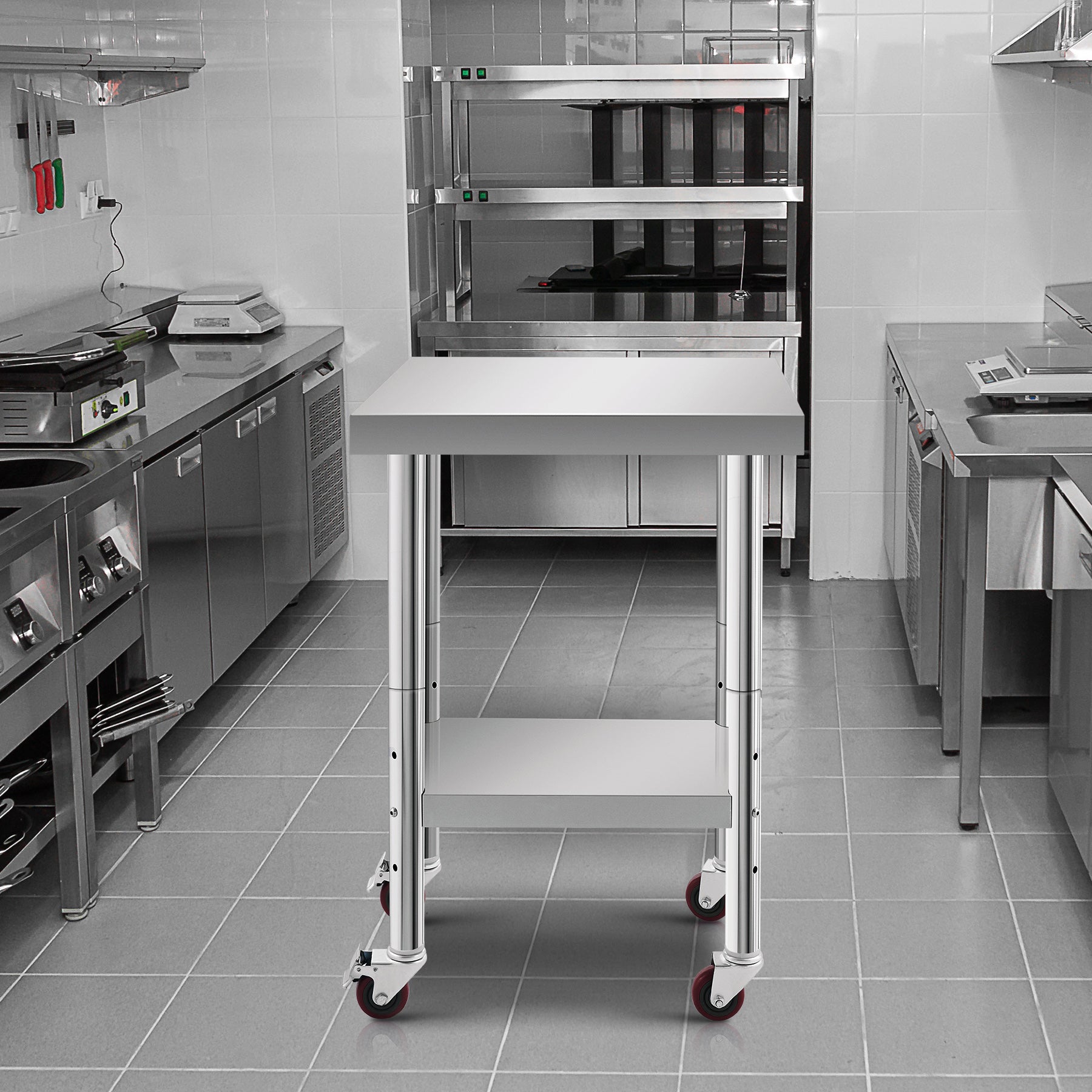 Stainless steel commercial work table with a smooth top, back splash, featuring metal legs.