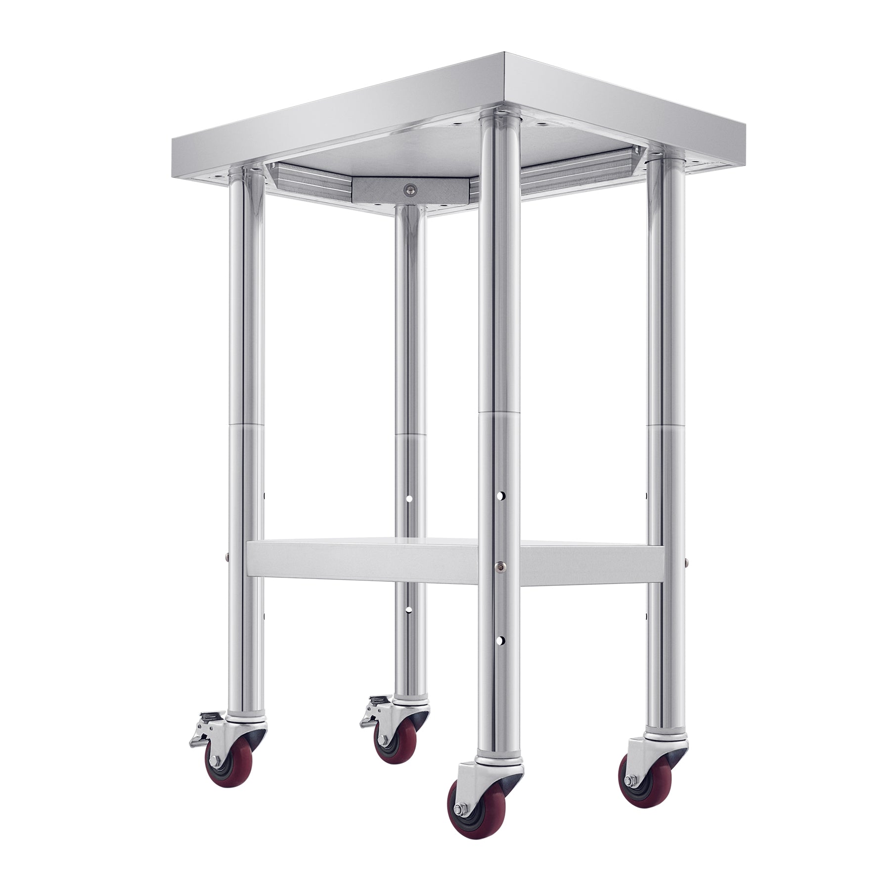 Stainless steel commercial work table with a smooth top, back splash, featuring metal legs.