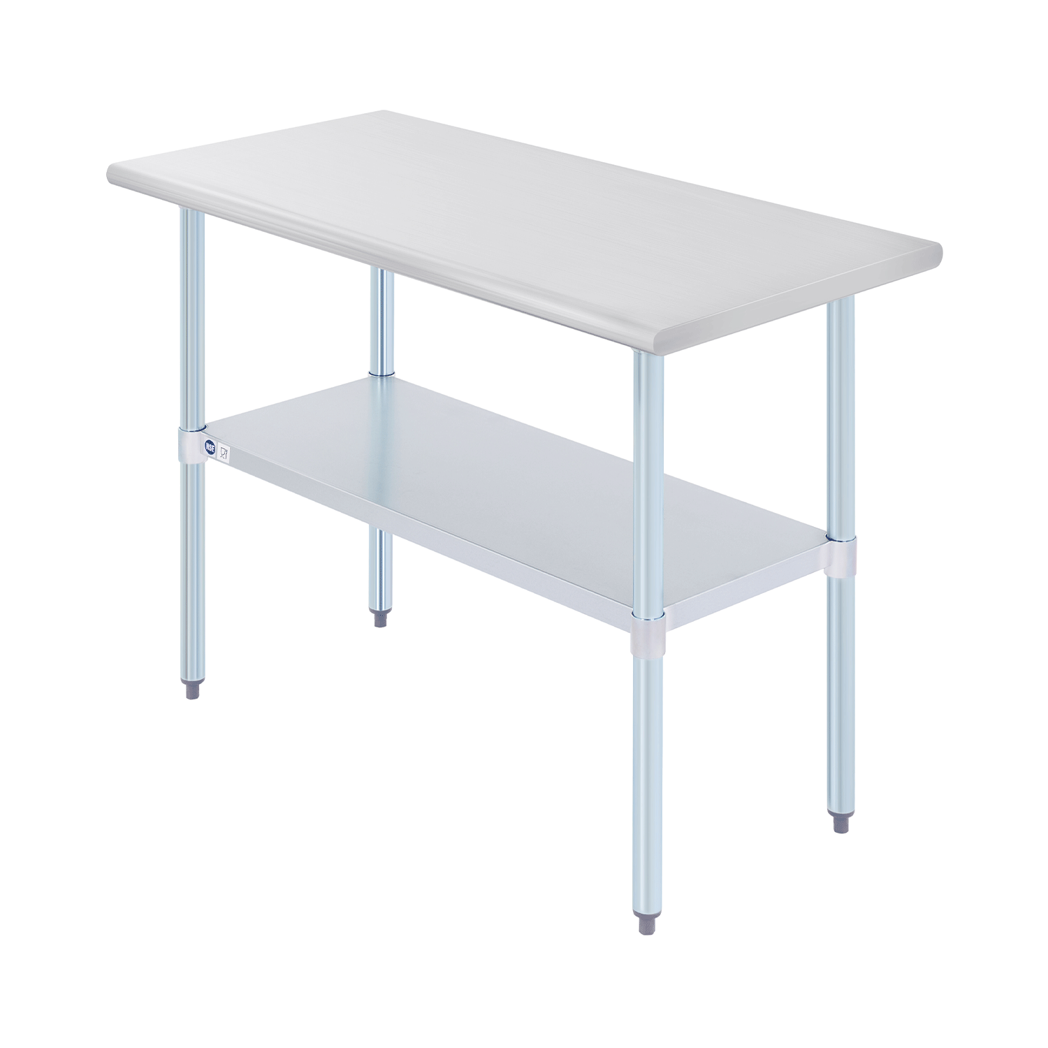 Stainless steel commercial work table with a smooth top, back splash, and adjustable undershelf, featuring metal legs.Stainless steel commercial work table with a smooth top, back splash, and adjustable undershelf, featuring metal legs.