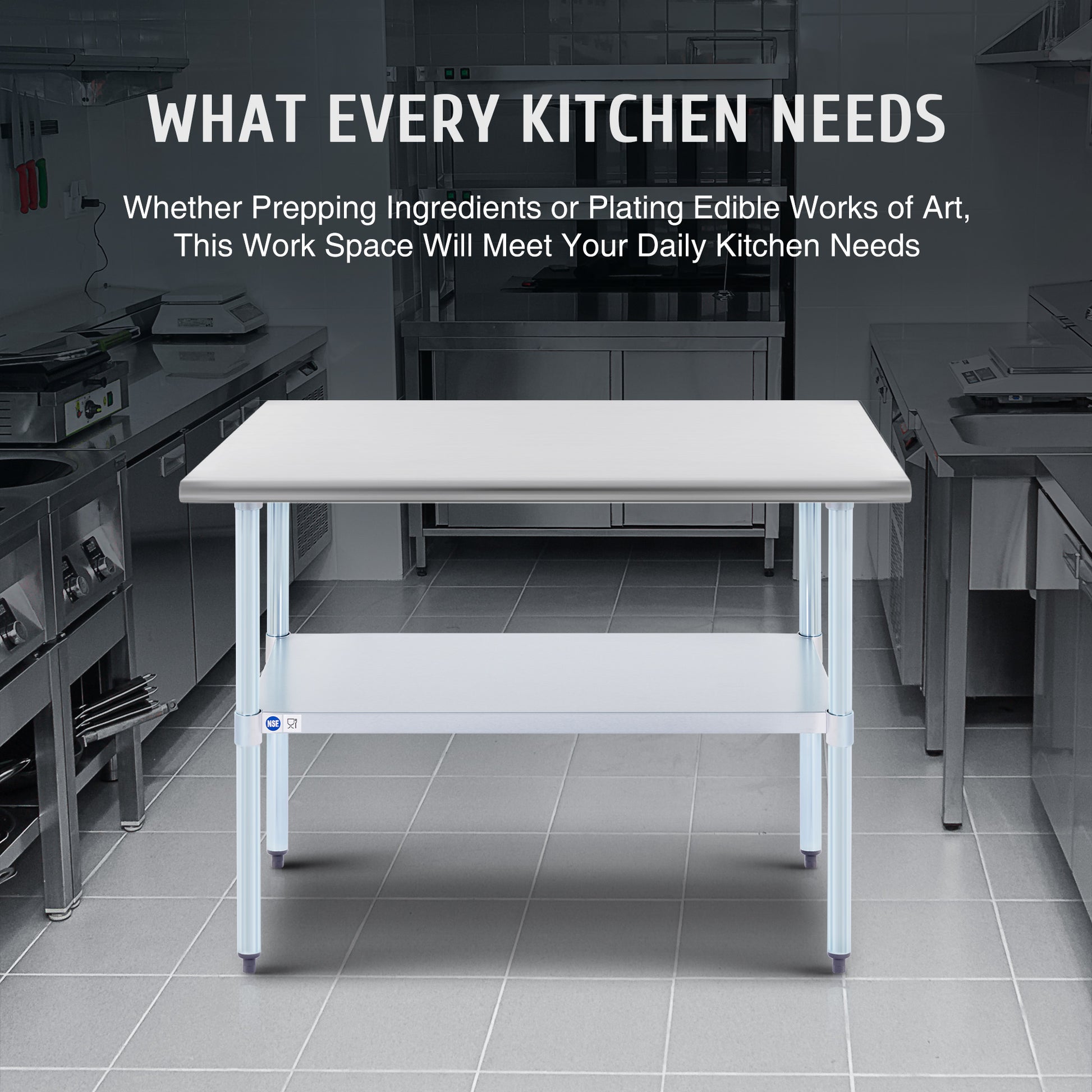 Stainless steel commercial work table with a smooth top, back splash, and adjustable undershelf, featuring metal legs.
