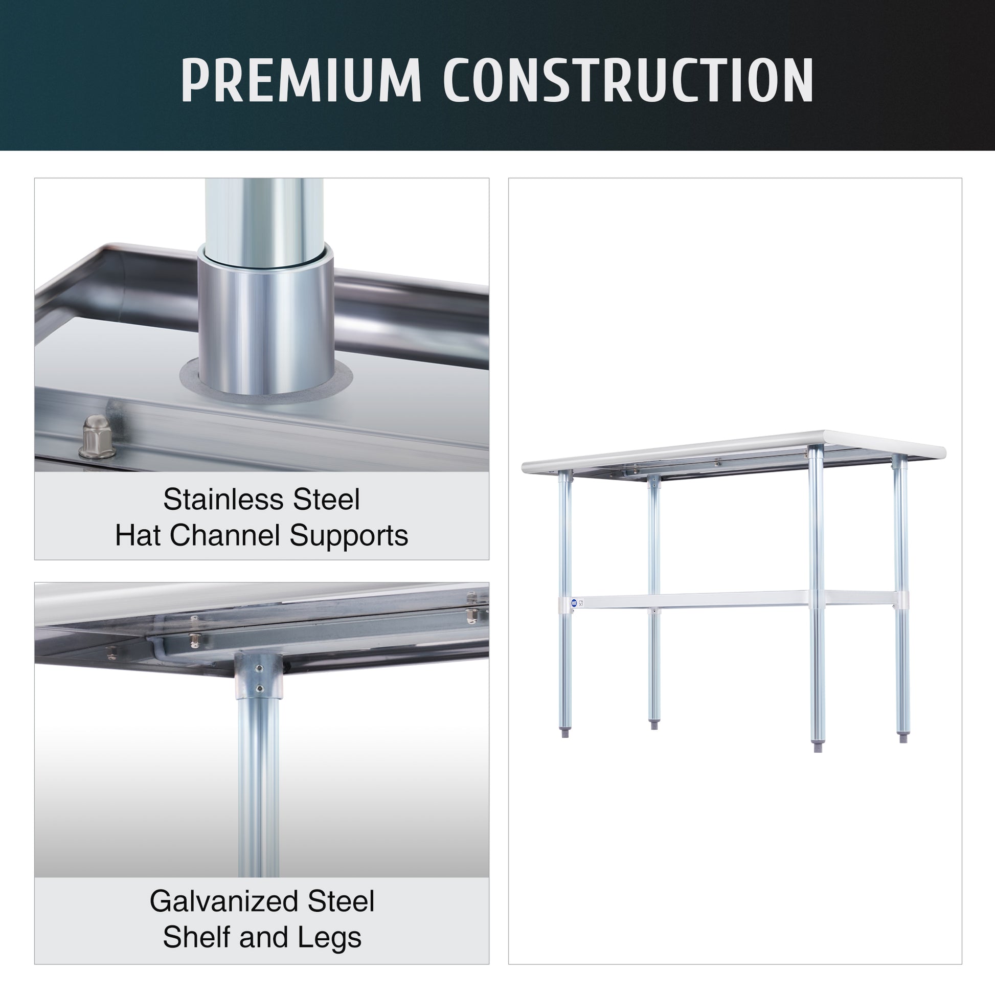 Stainless steel commercial work table with a smooth top, back splash, and adjustable undershelf, featuring metal legs.