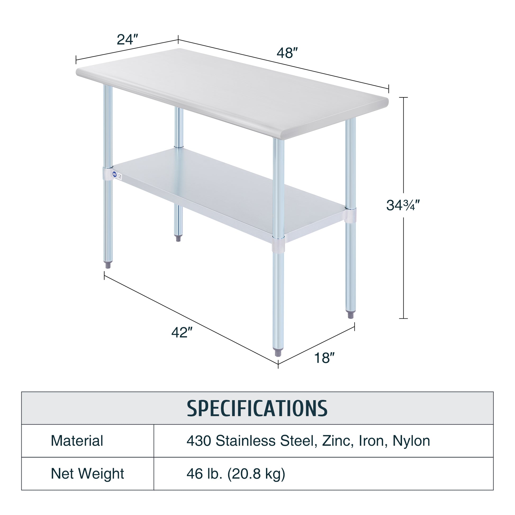 Stainless steel commercial work table with a smooth top, back splash, and adjustable undershelf, featuring metal legs.