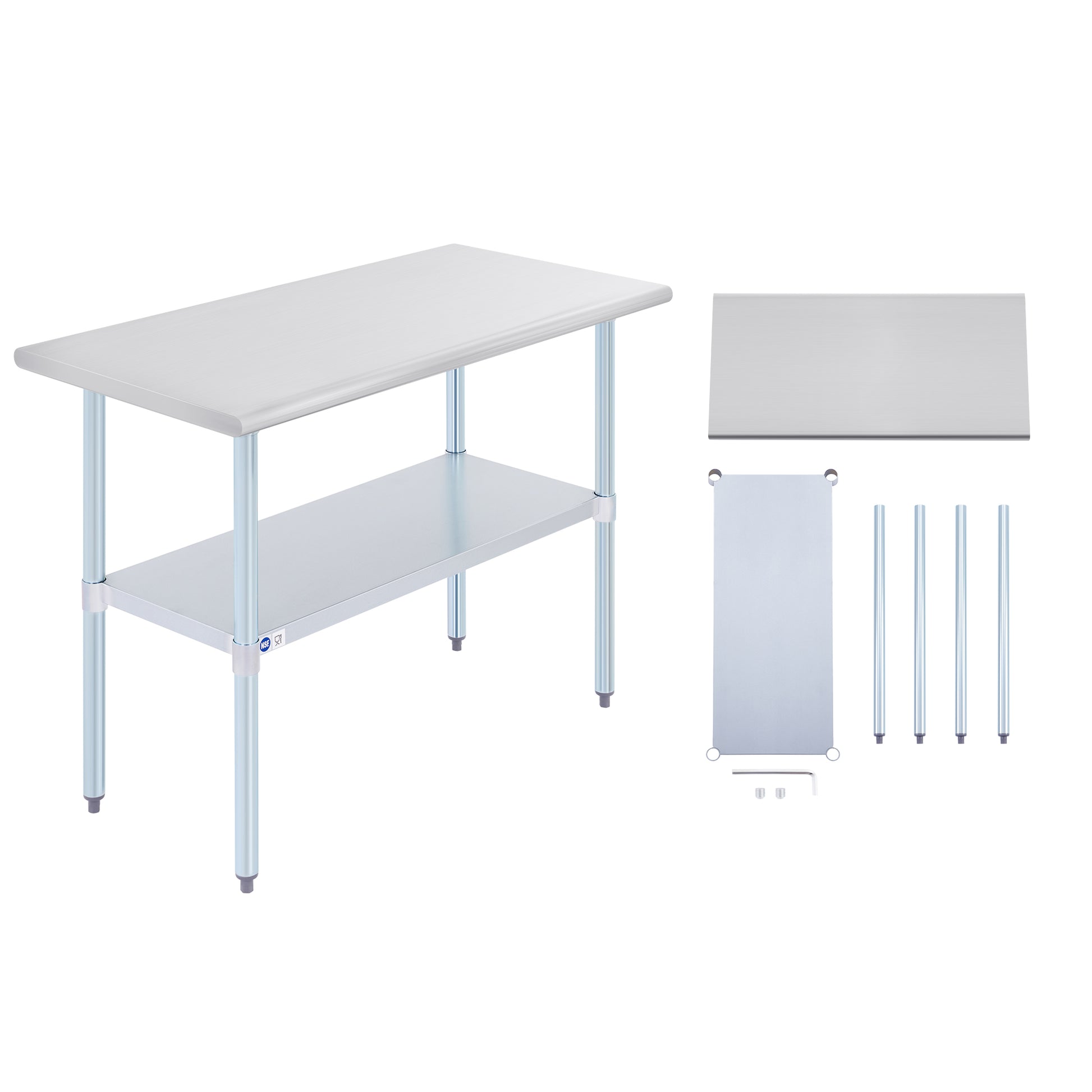 Stainless steel commercial work table with a smooth top, back splash, and adjustable undershelf, featuring metal legs.